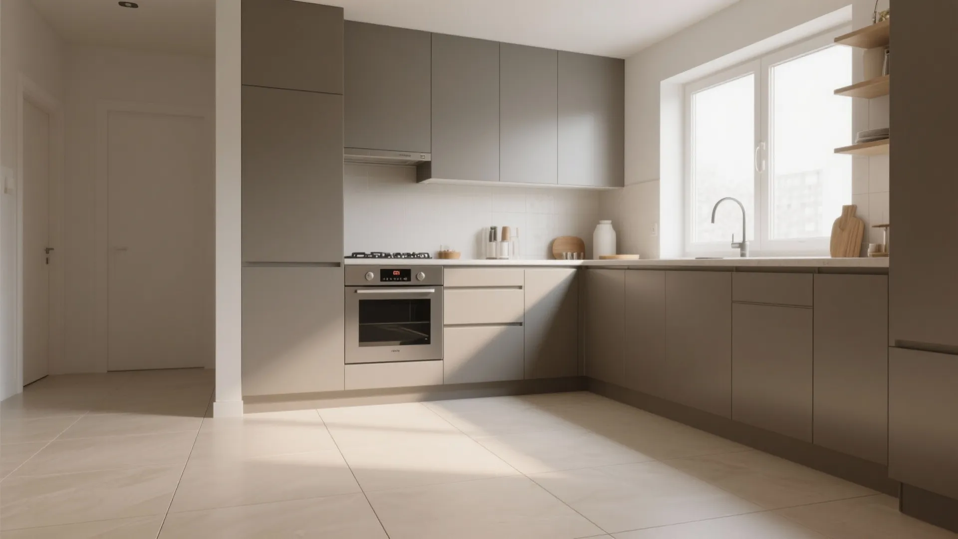 Minimalist kitchen with grey cabinets large beige floor tiles white walls and bright natural sunlight