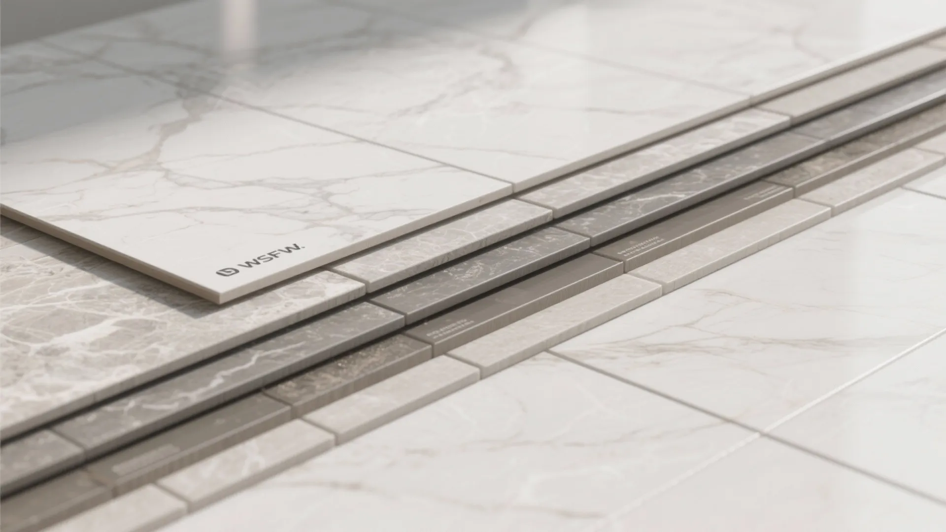 Top-down flatlay of large-format tile and stone-look laminate samples for visual continuity