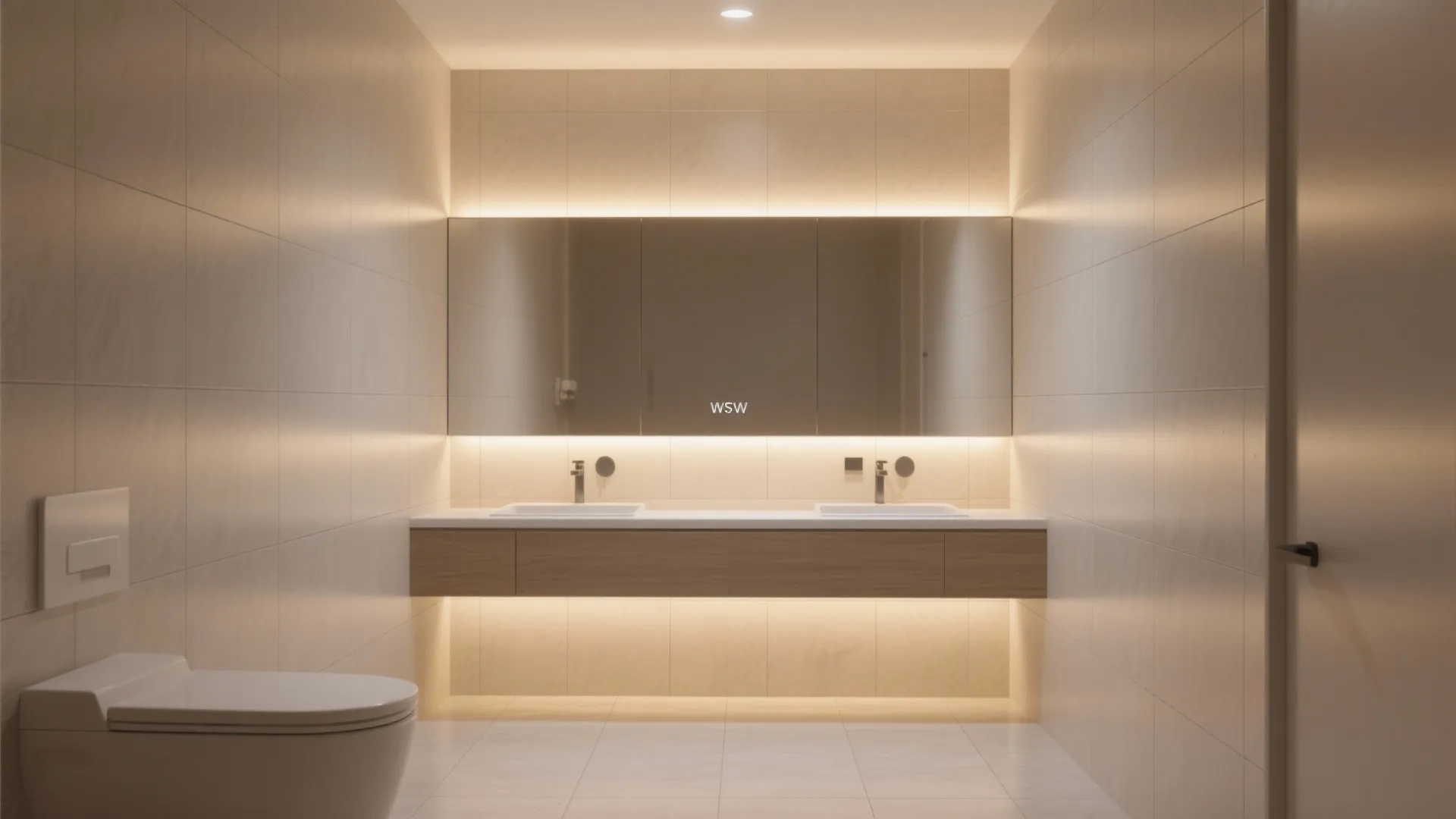 Large-format tiles and a continuous linear LED along the mirror stretch a rectangular bathroom visually.