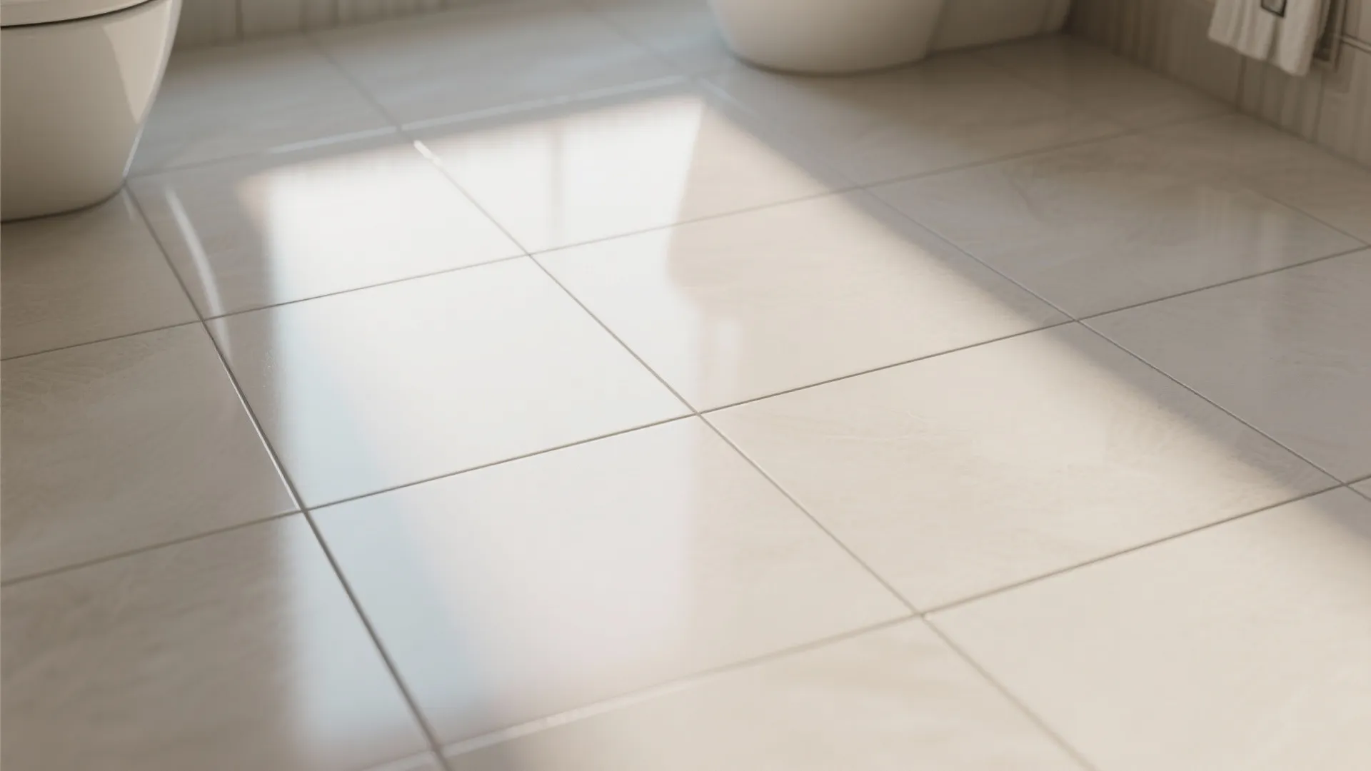 Close up of beige square floor tiles in a bathroom with bright natural sunlight reflection