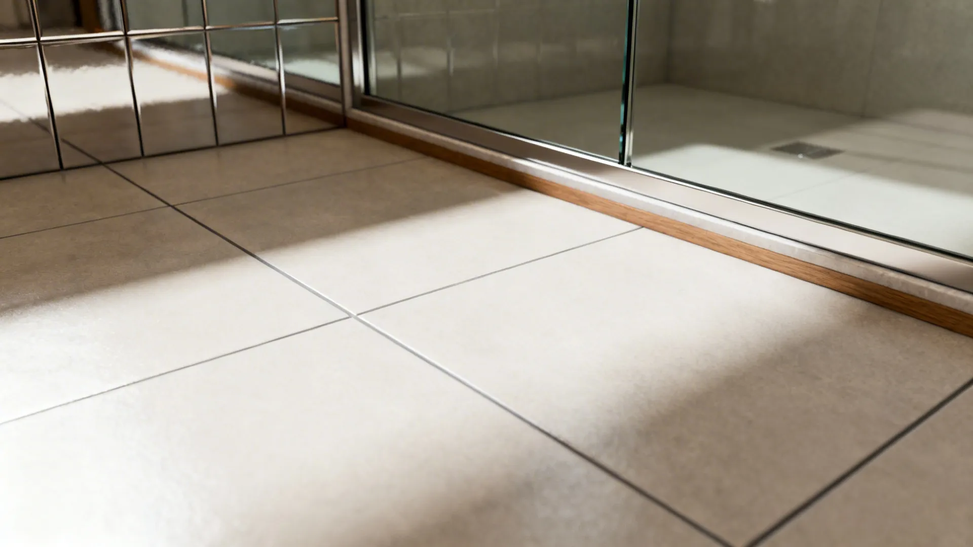 Large-format tiles with minimal grout and reflective backsplash in a small bathroom.