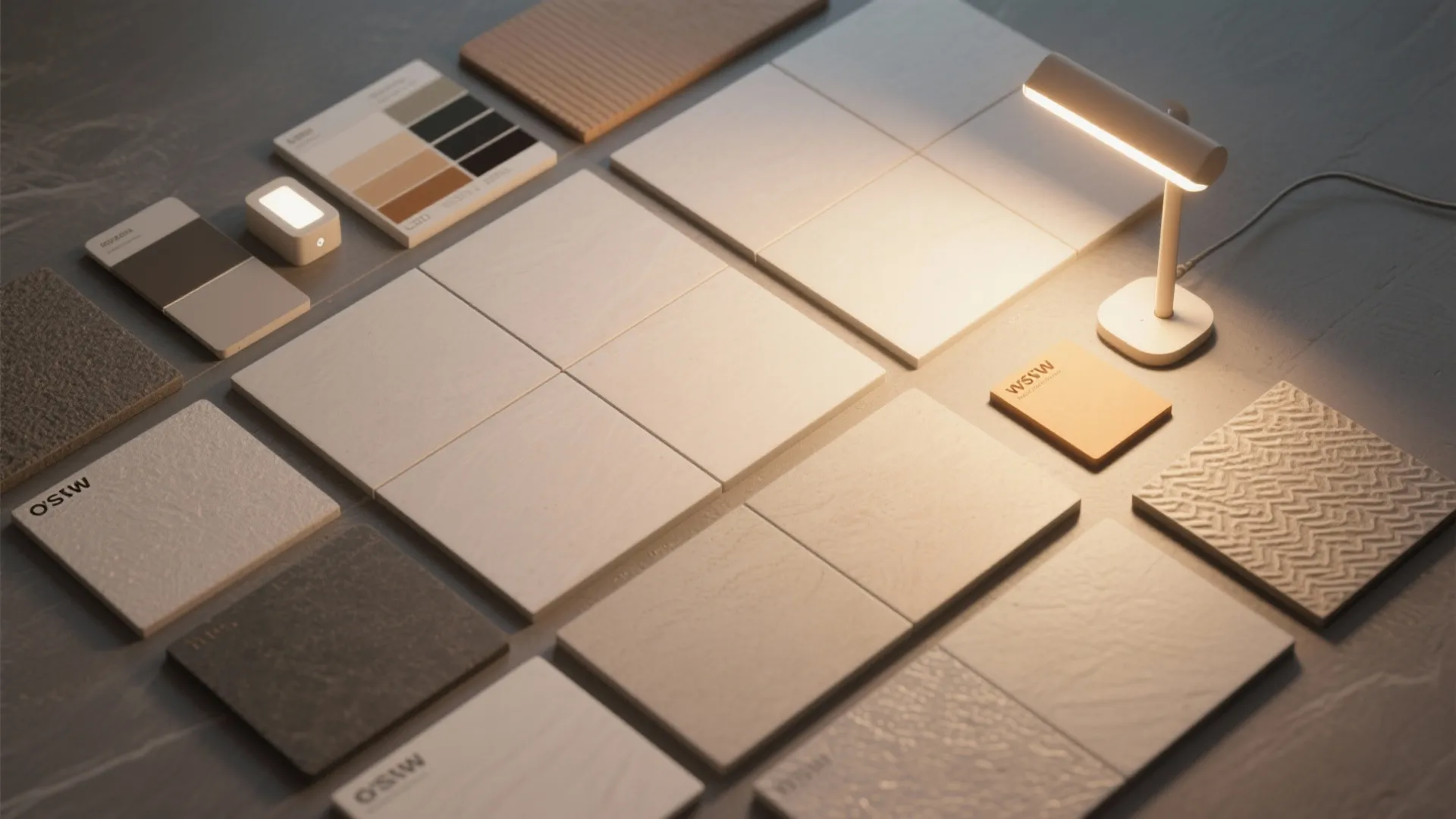 Various square ceramic floor tile samples displayed with material swatches and a small white lamp