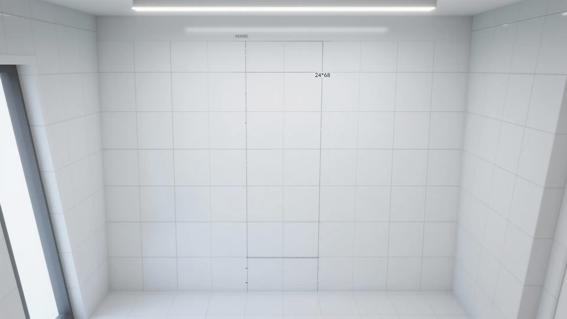 Top-down view illustrating vertical large-format white tile layout with tight joints.