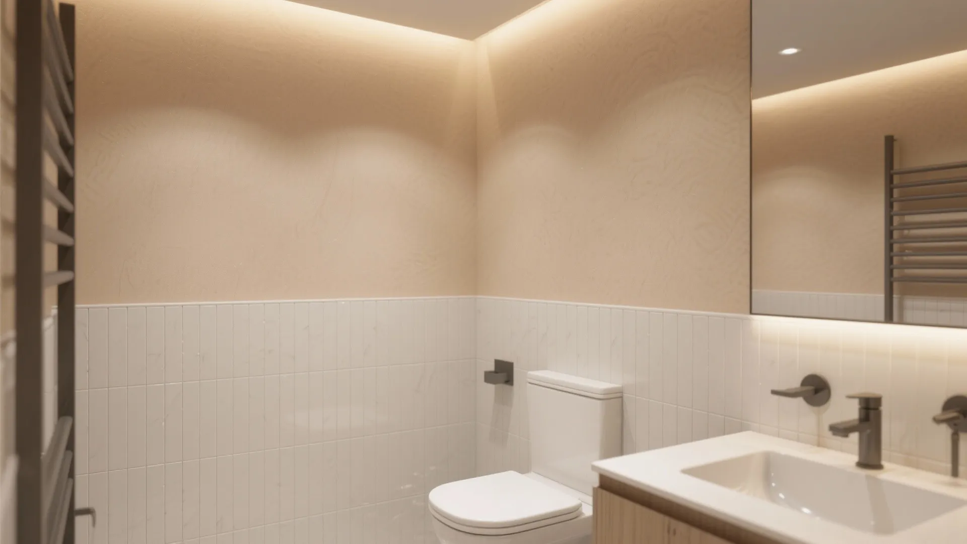 Bathroom with large 12x24 tiles used as wainscoting