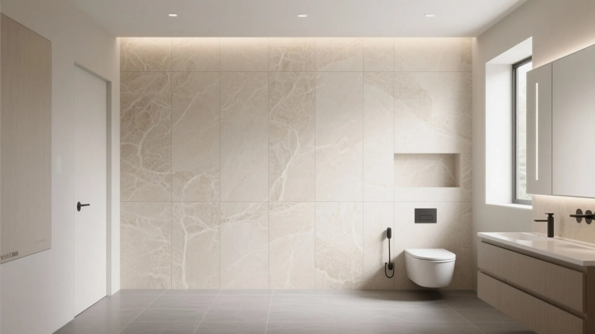 Minimalist bathroom with large marble wall tiles white toilet wood cabinet and hidden ceiling lights