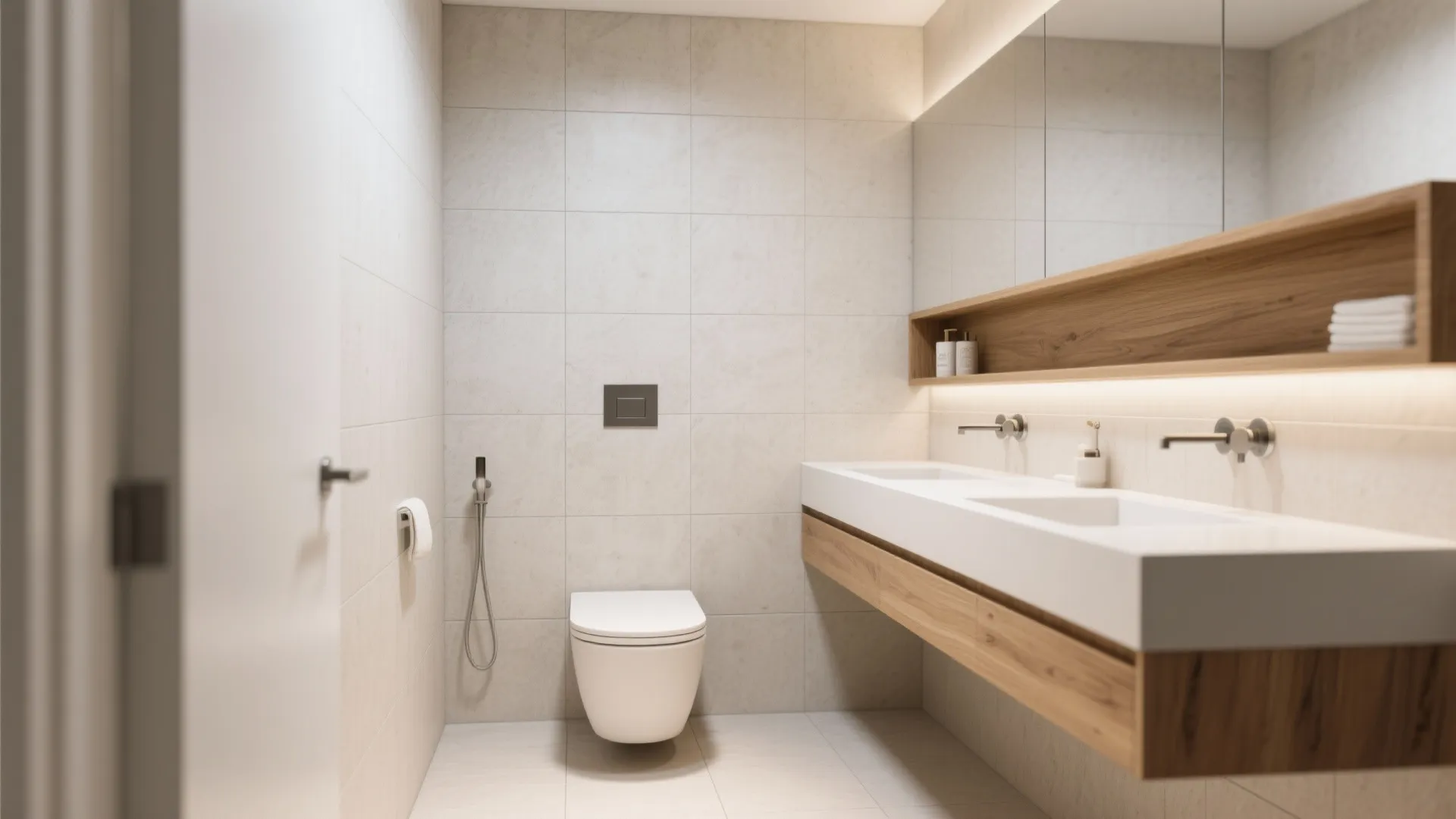 Material Calm: Big-Format Tiles and Warm Accents