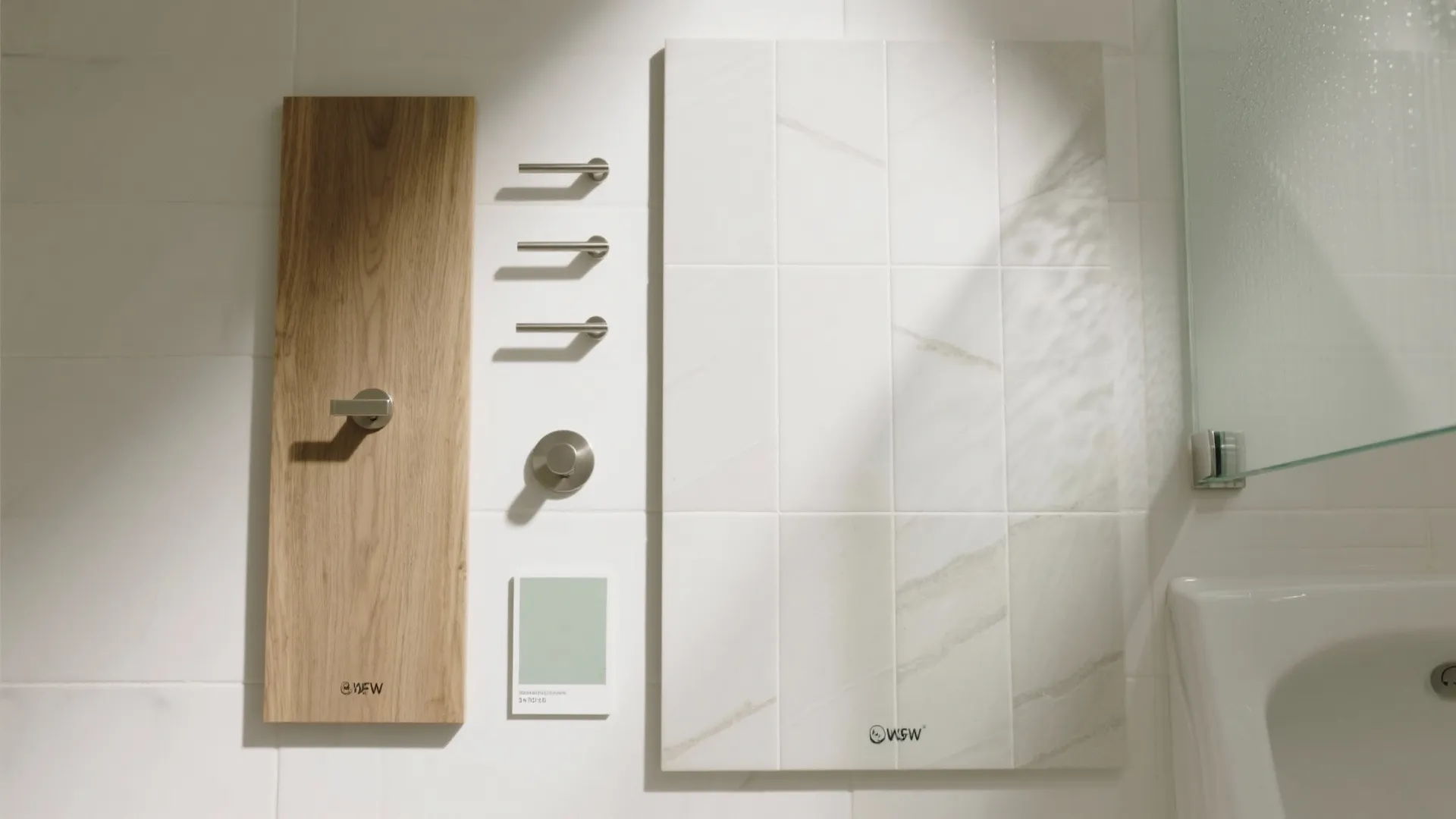 Mood board showing wooden panel, white wall tiles, silver metal handles, and green color sample