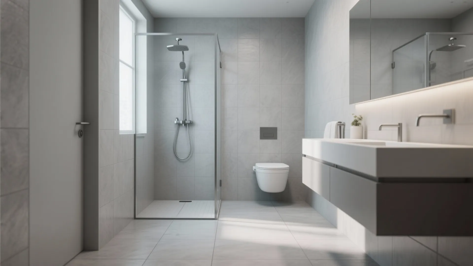 Modern grey bathroom featuring glass shower cabin wall toilet floating vanity and large wall tiles