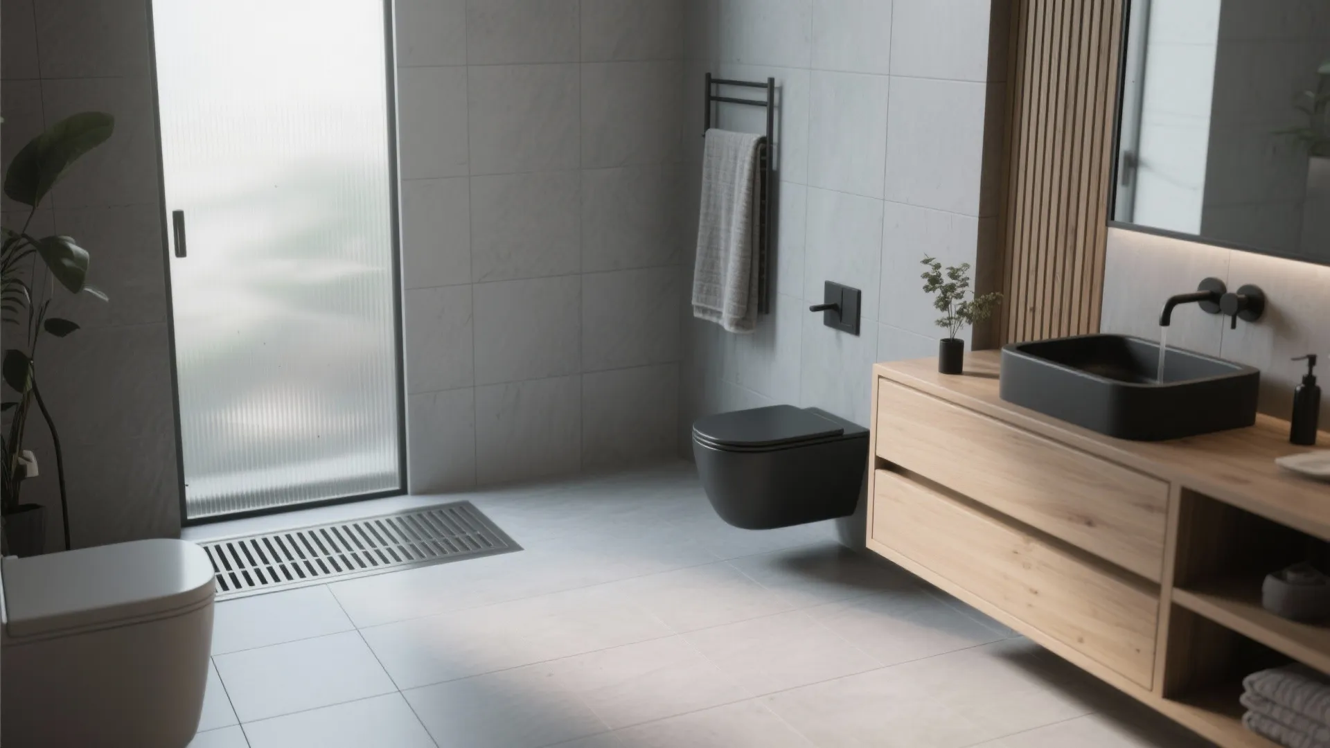 1. Large-format grey tiles for a seamless look