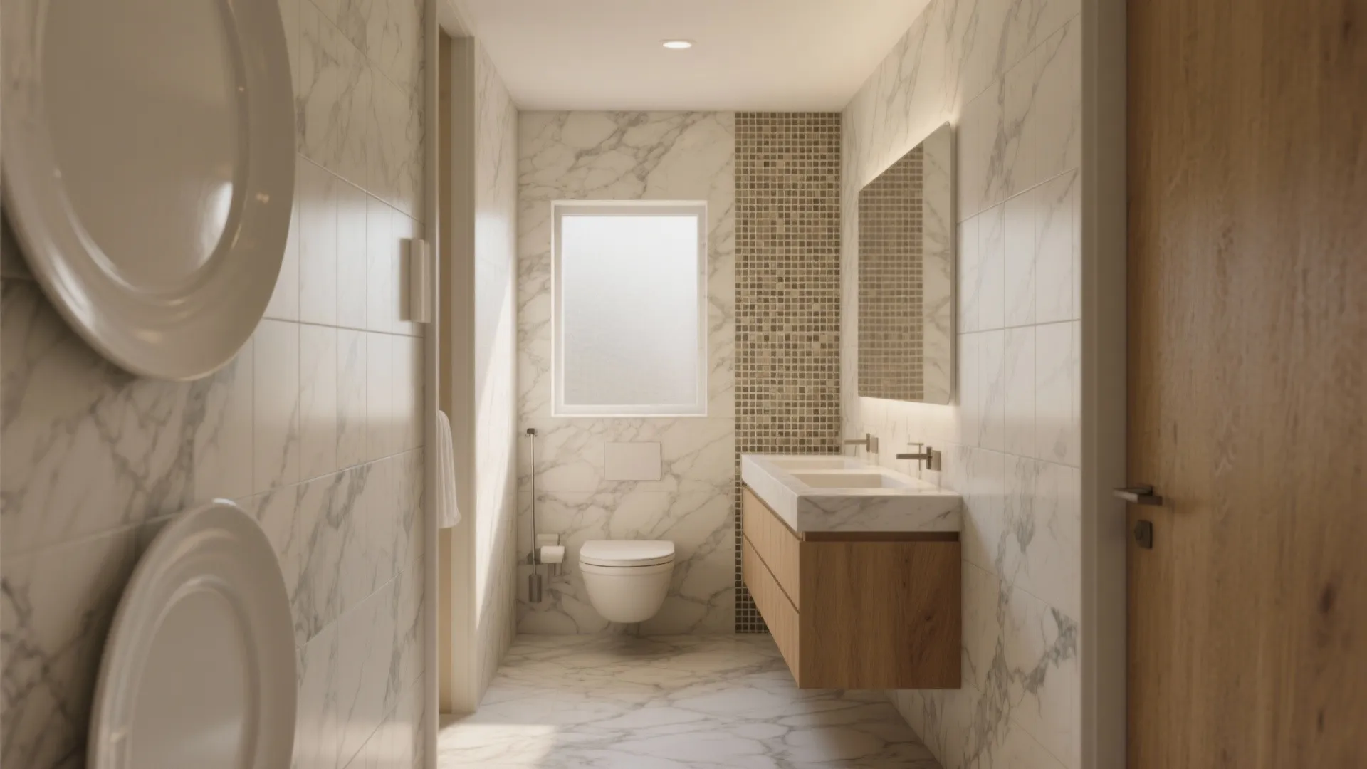 Marble bathroom interior with double sink wooden cabinet large mirror small window and white toilet seat