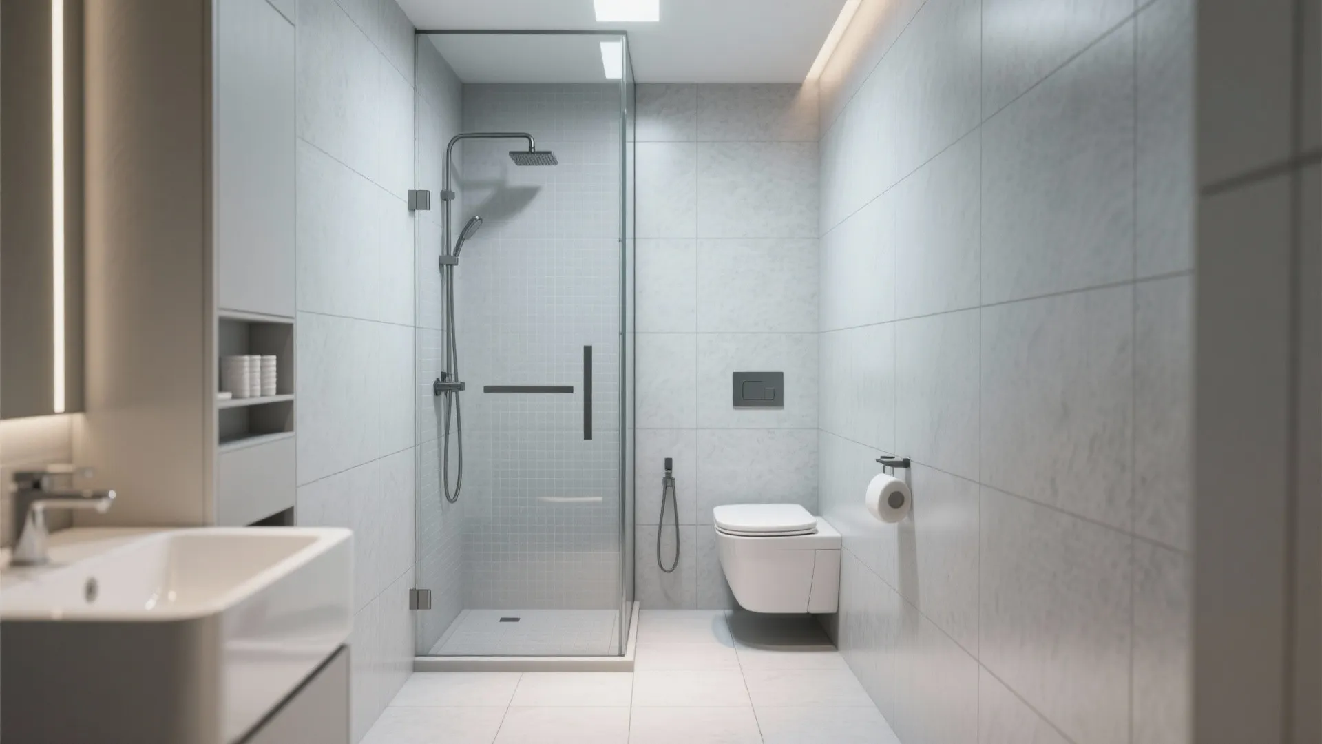 Minimalist grey bathroom with square floor tiles glass shower toilet and white sink vanity unit