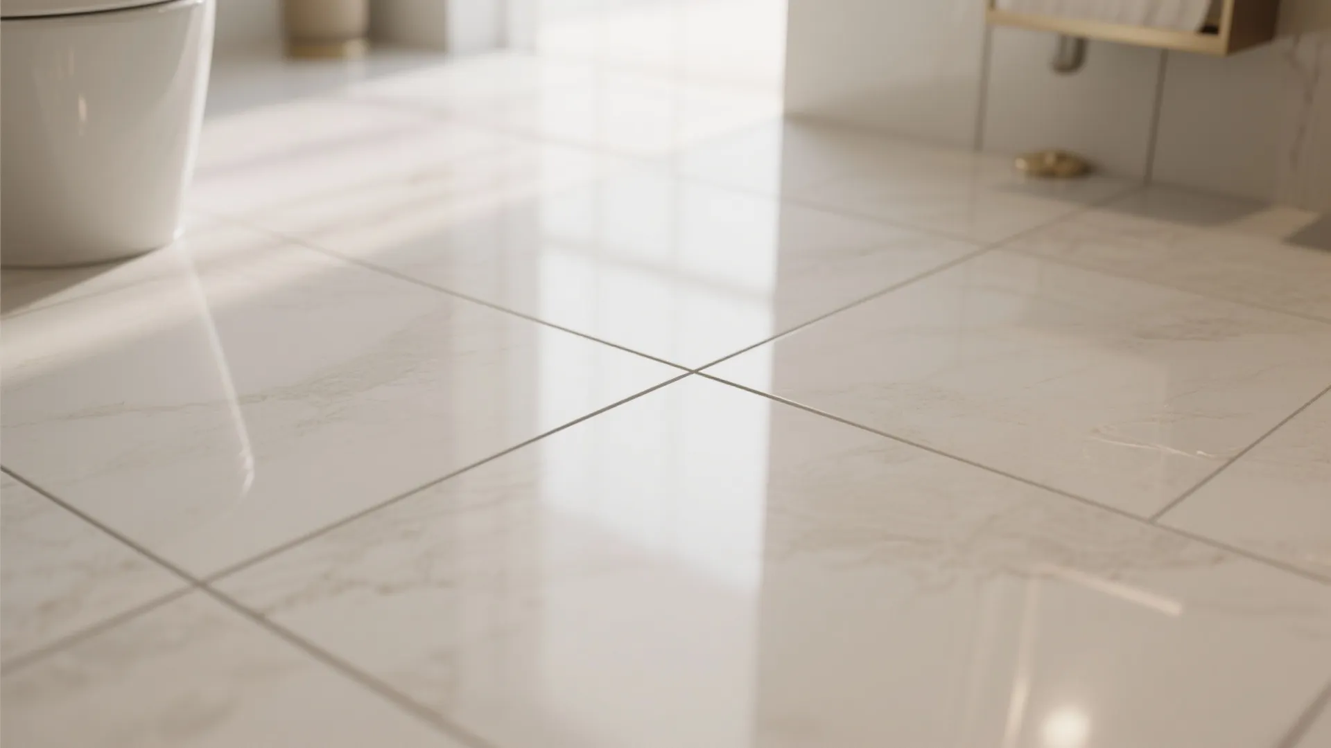 Close up of shiny white floor tiles in a bathroom with sunlight reflecting on surface