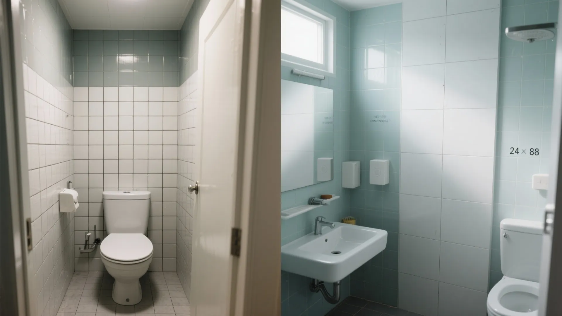 Before-and-after comparison showing many grout lines versus large-format digital tiles with minimal joints in the same compact bathroom.