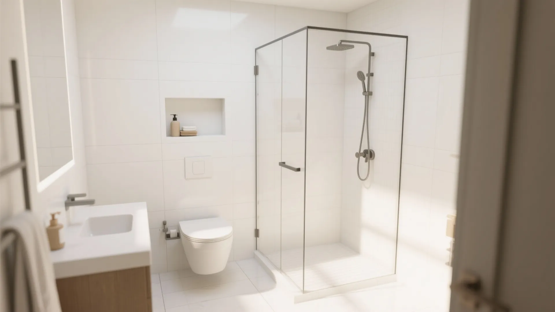 Modern white bathroom with a glass shower cabin toilet wooden vanity sink and white tiles