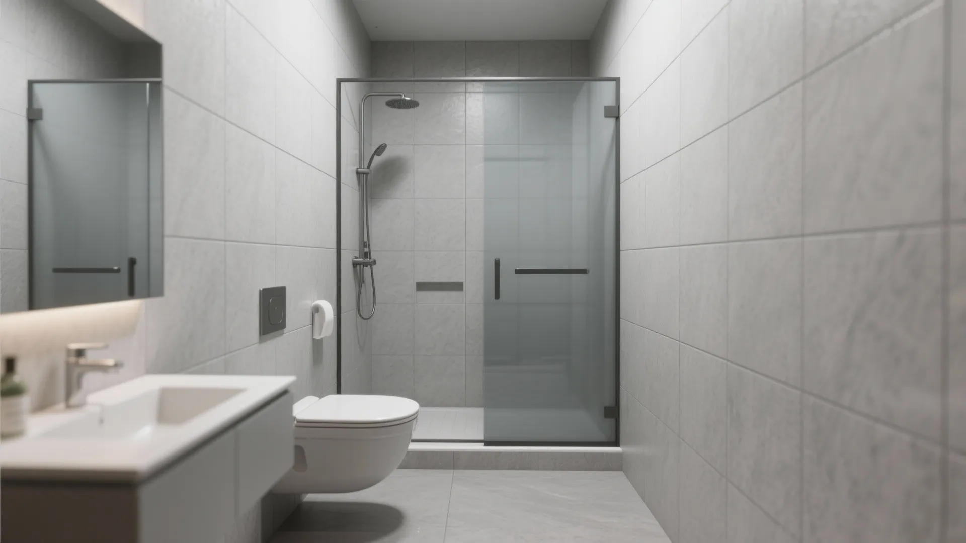 Small bathroom with large-format tiles and continuous grout lines extending onto the shower wall