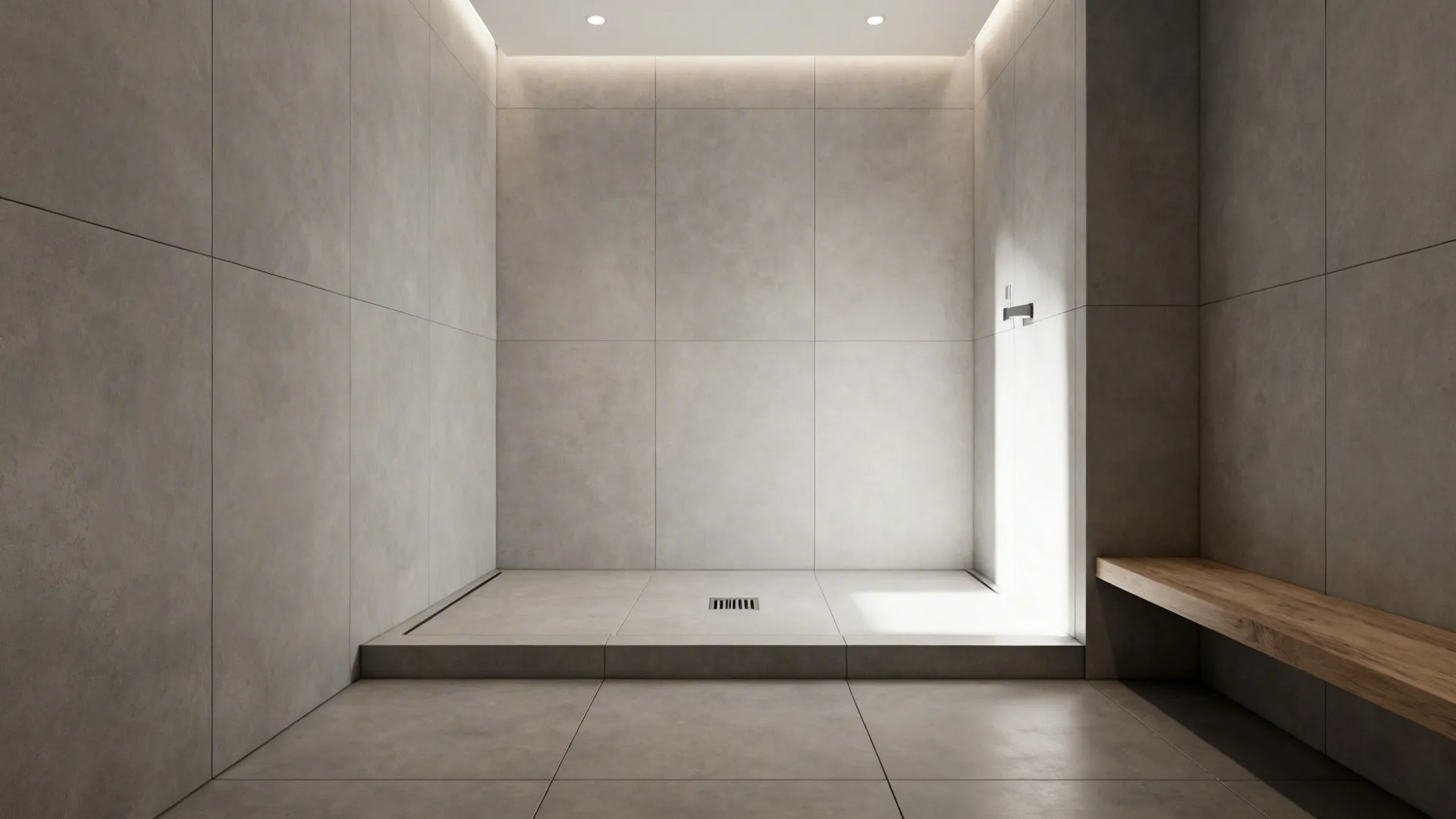 Small bathroom with large-format tiles running continuously into the shower for a seamless look.