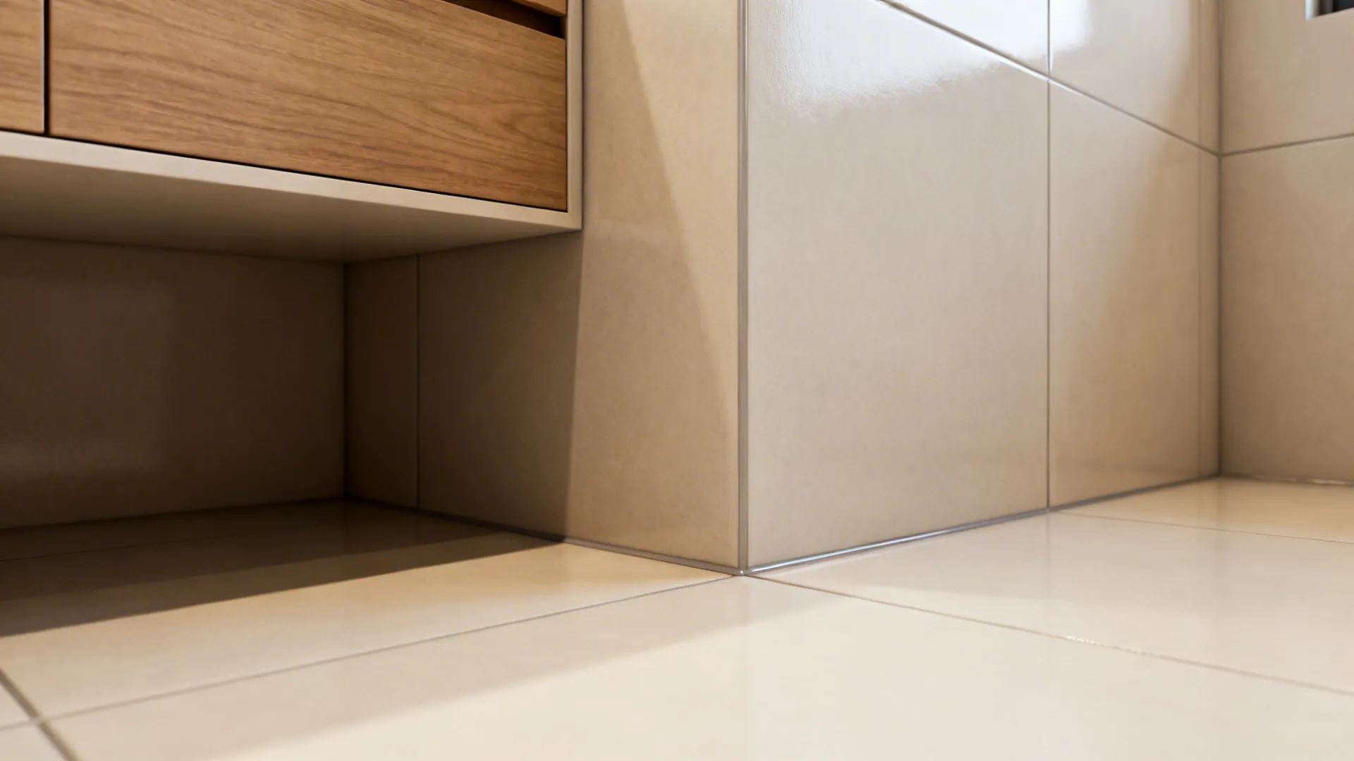 Large-format pale porcelain tiles with minimal grout lines and continuous flooring in a small bathroom.