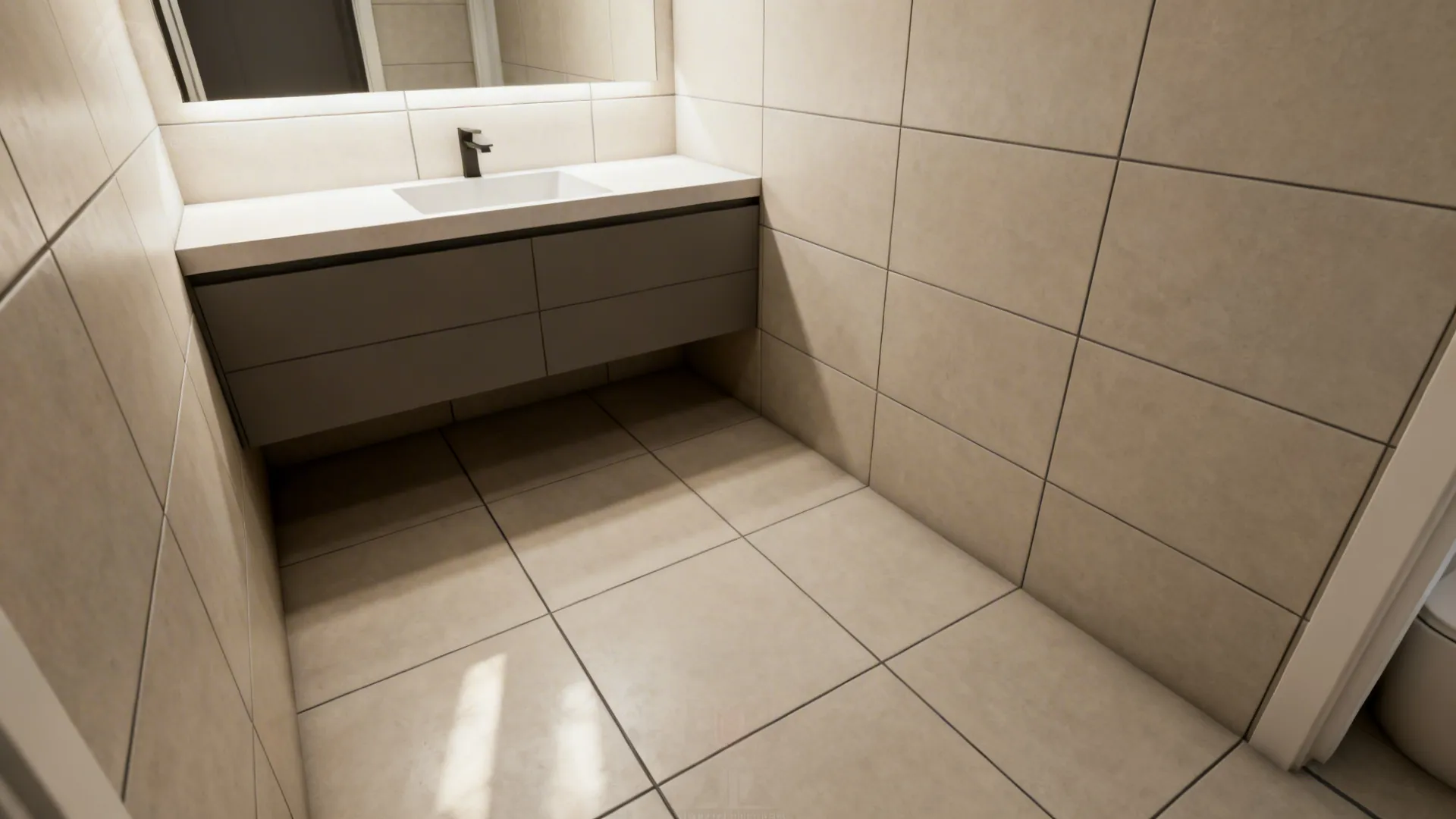 Small bathroom with large-format tiles and minimal grout lines for a clean, expanded look.