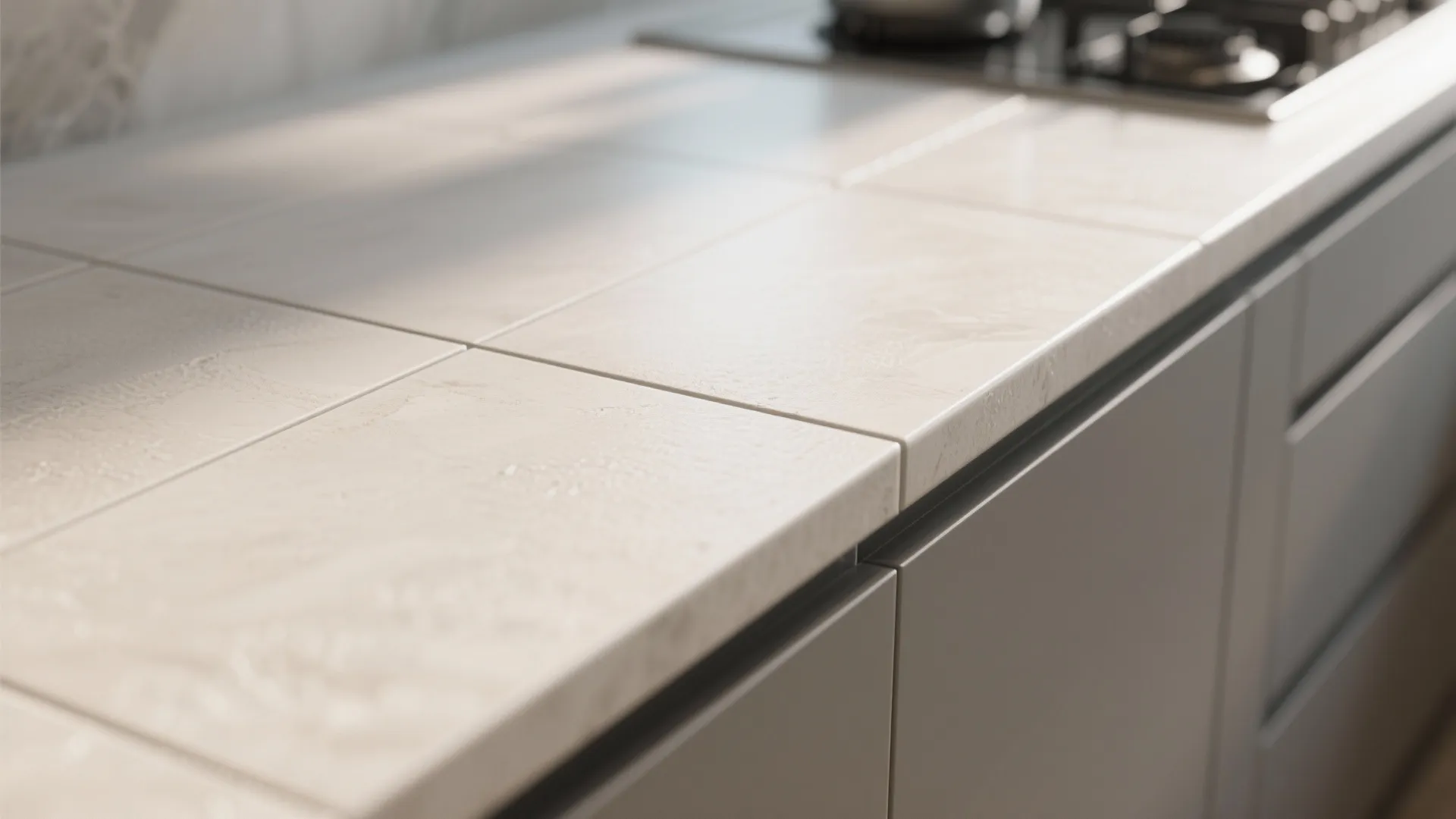 Close up of large cream counter tiles in a modern kitchen with grey cabinet drawers