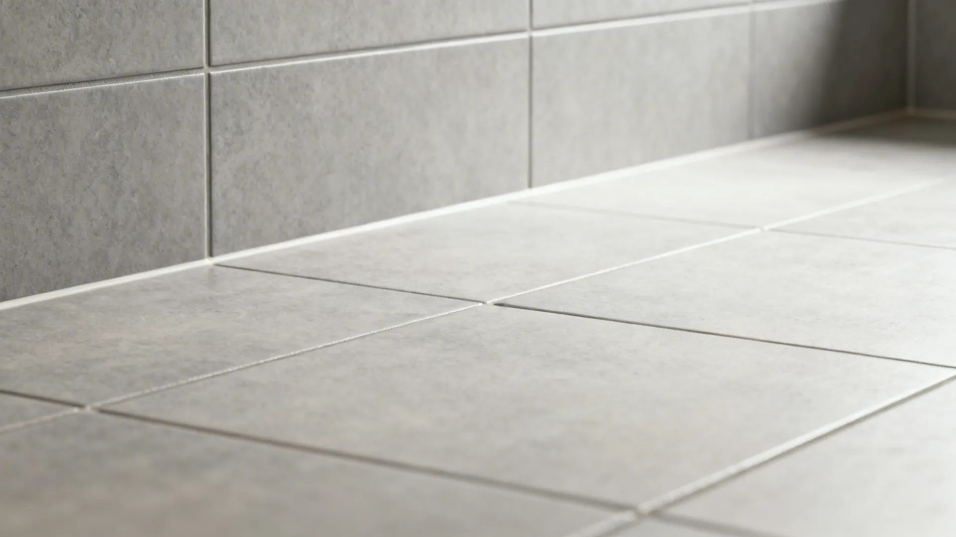 Detailed view of grey floor tiles and wall tiles meeting in a clean modern bathroom