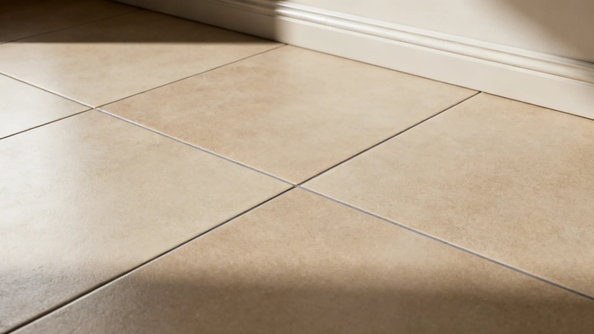 Close-up of large-format bathroom tile showing continuous grout lines and smooth texture