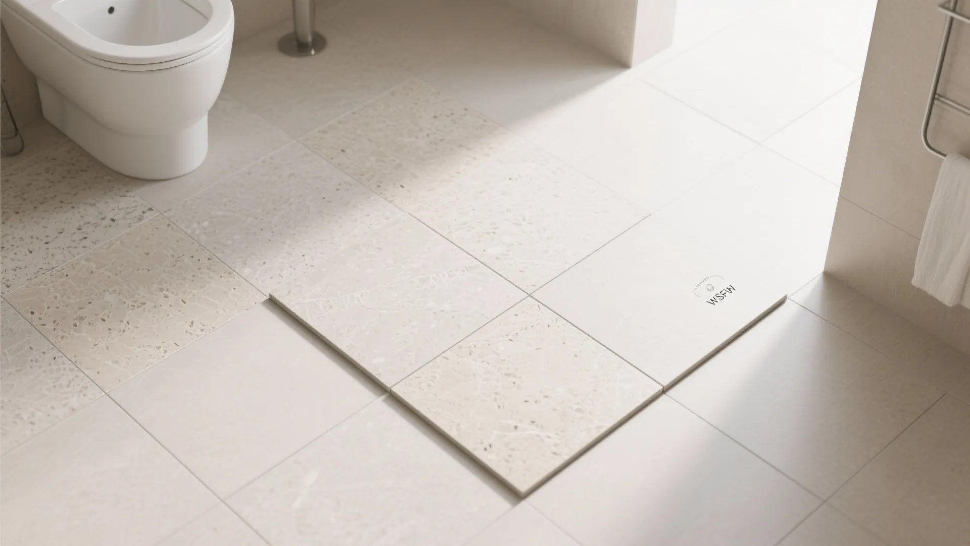 Flatlay of large neutral bathroom tiles with minimal grout