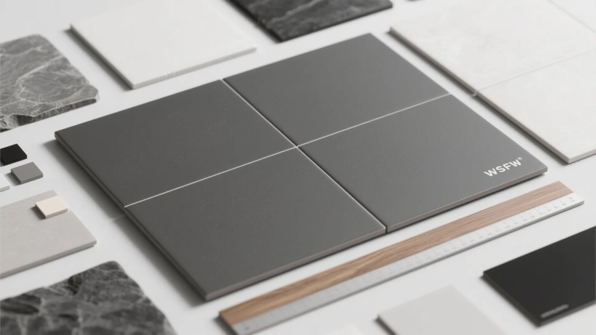 Interior design material samples including grey tiles, marble pieces, white tiles, and a wooden ruler