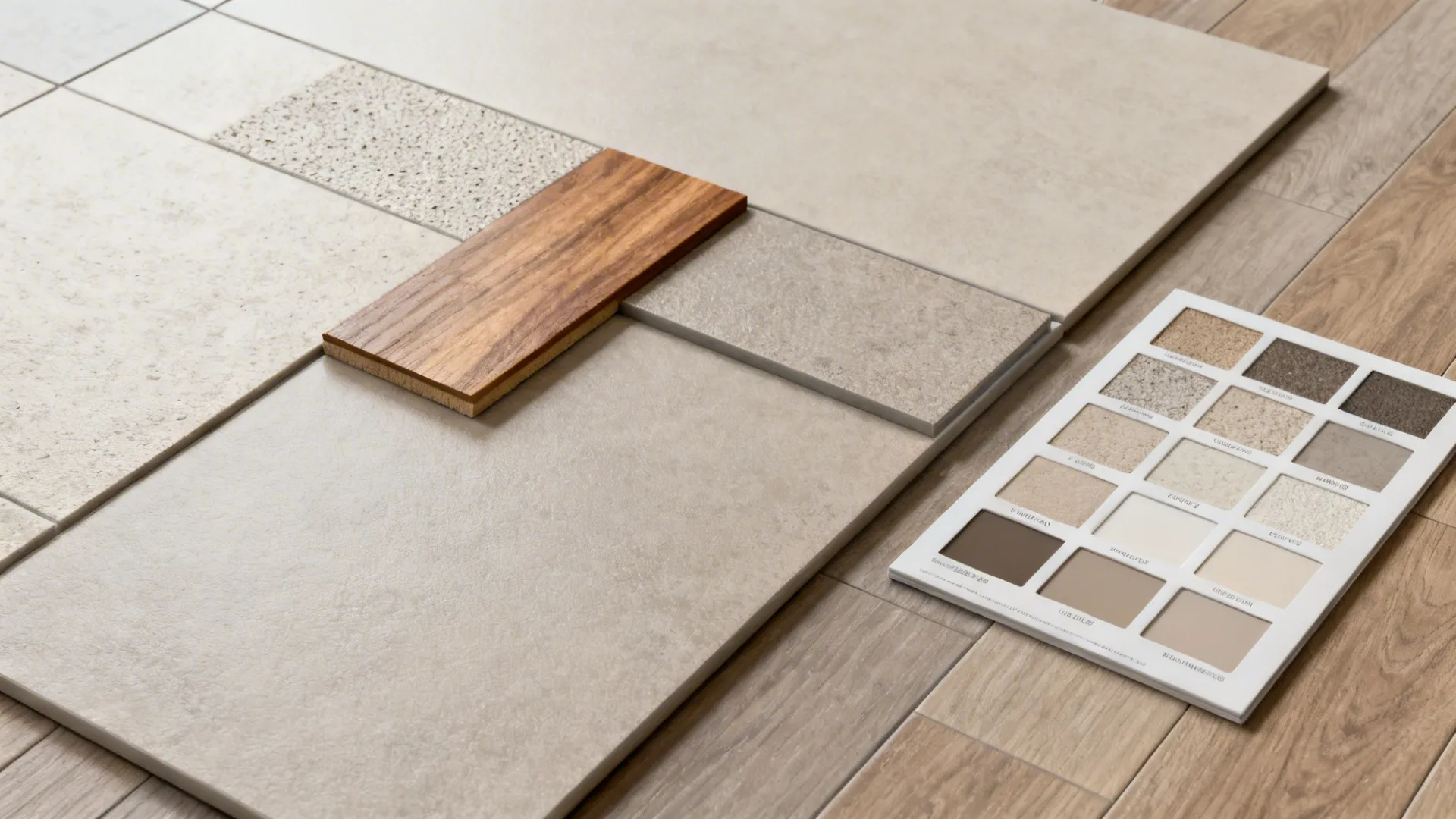 Flatlay of large-format matte porcelain tile samples and flooring swatches for a seamless bathroom floor