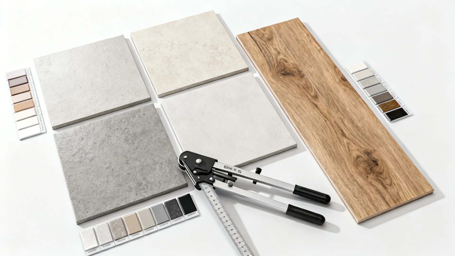 Flatlay of large-format porcelain tiles, grout swatches, and tools for planning a shower floor