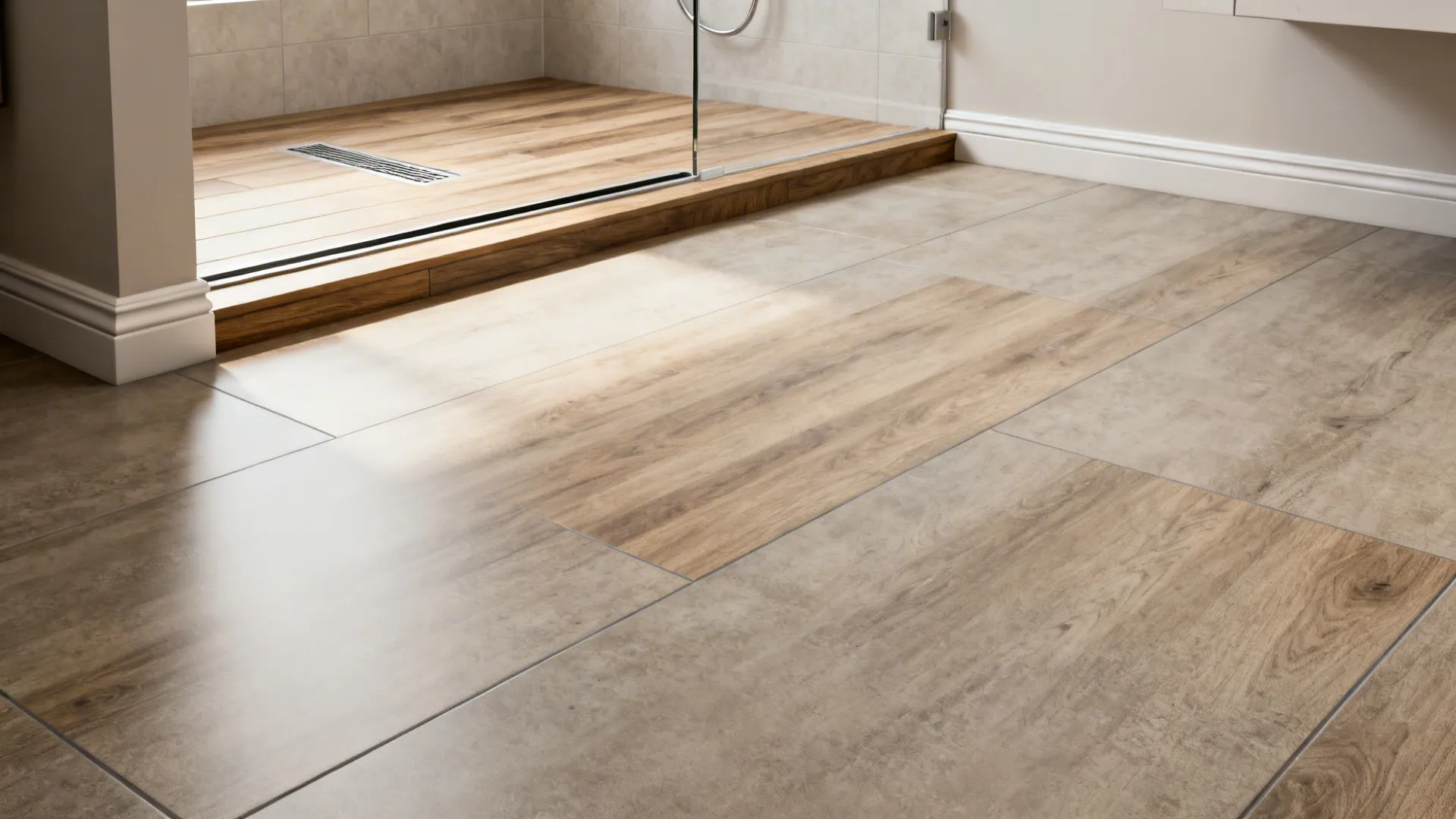 Small bathroom with continuous large-format tiles and seamless vinyl for a more expansive look.