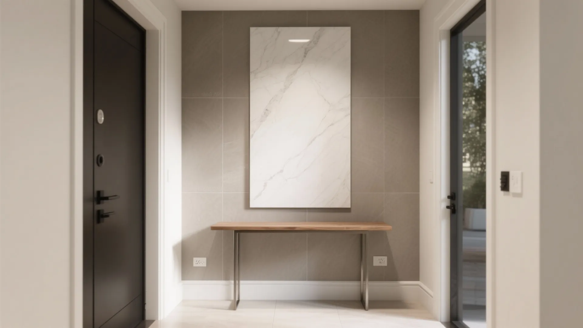 Modern foyer with marble wall art, wooden console table, grey wall tiles, and black doors
