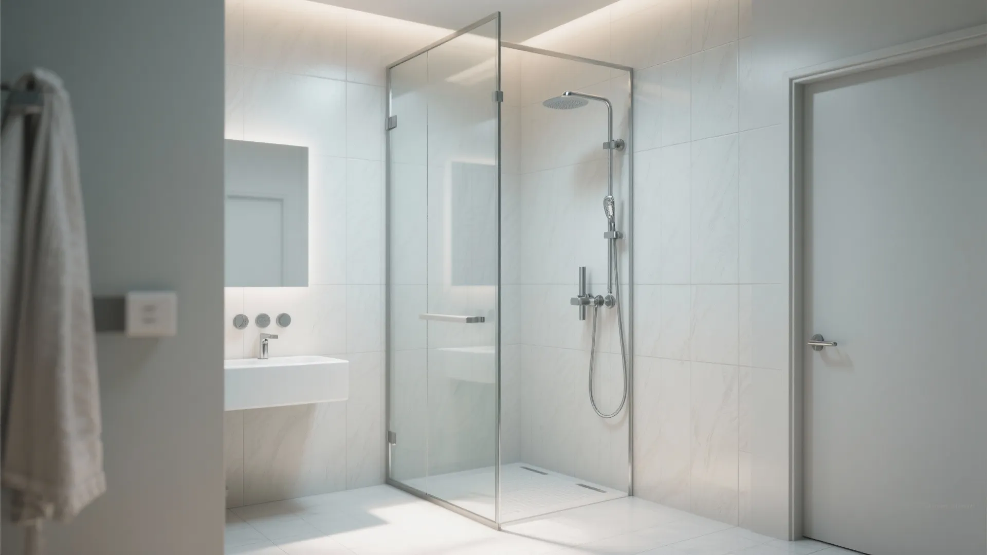 3) Use large-format, light tiles and a glass shower partition