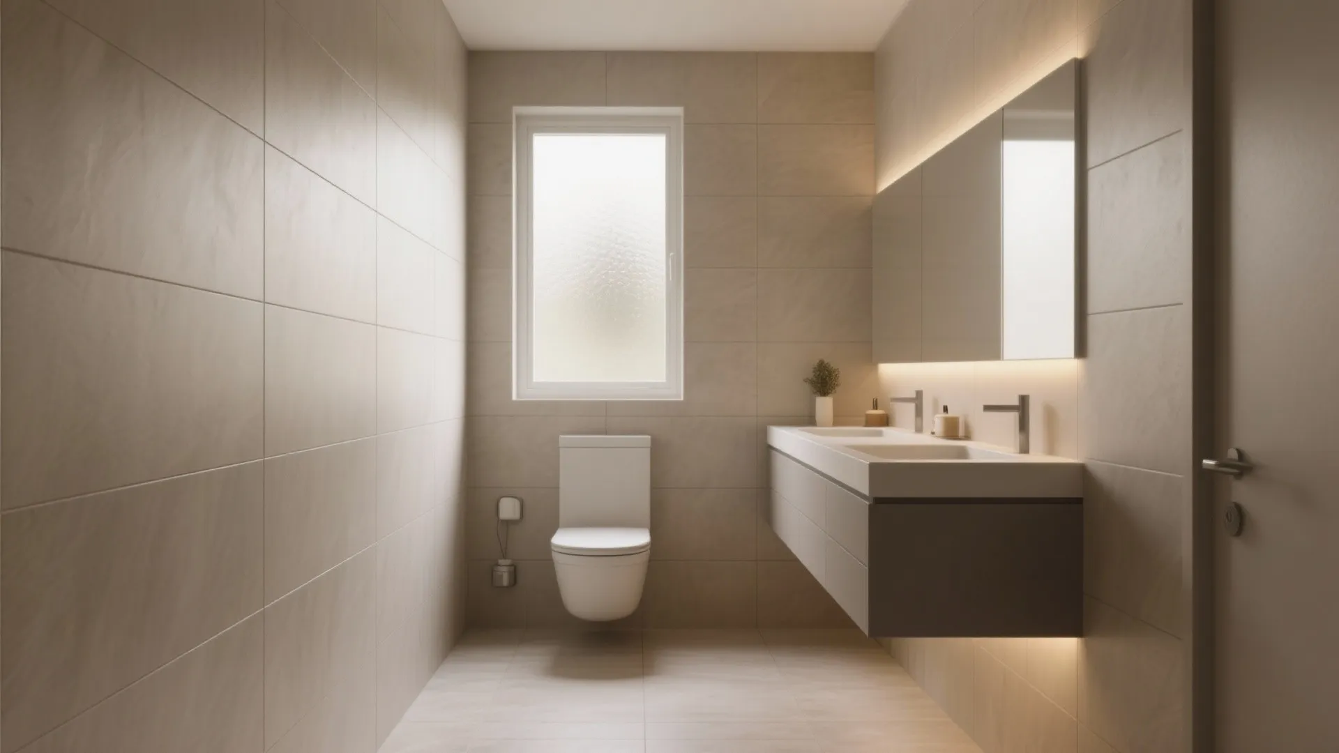 Modern beige bathroom with a white toilet floating sink large mirror and a small window