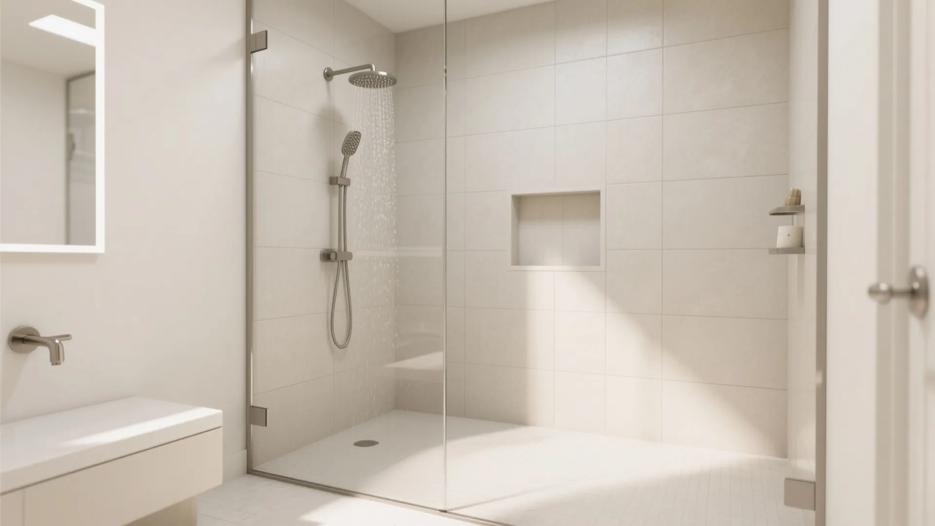 Bright bathroom design showing large white wall tiles a glass shower screen and silver fixtures