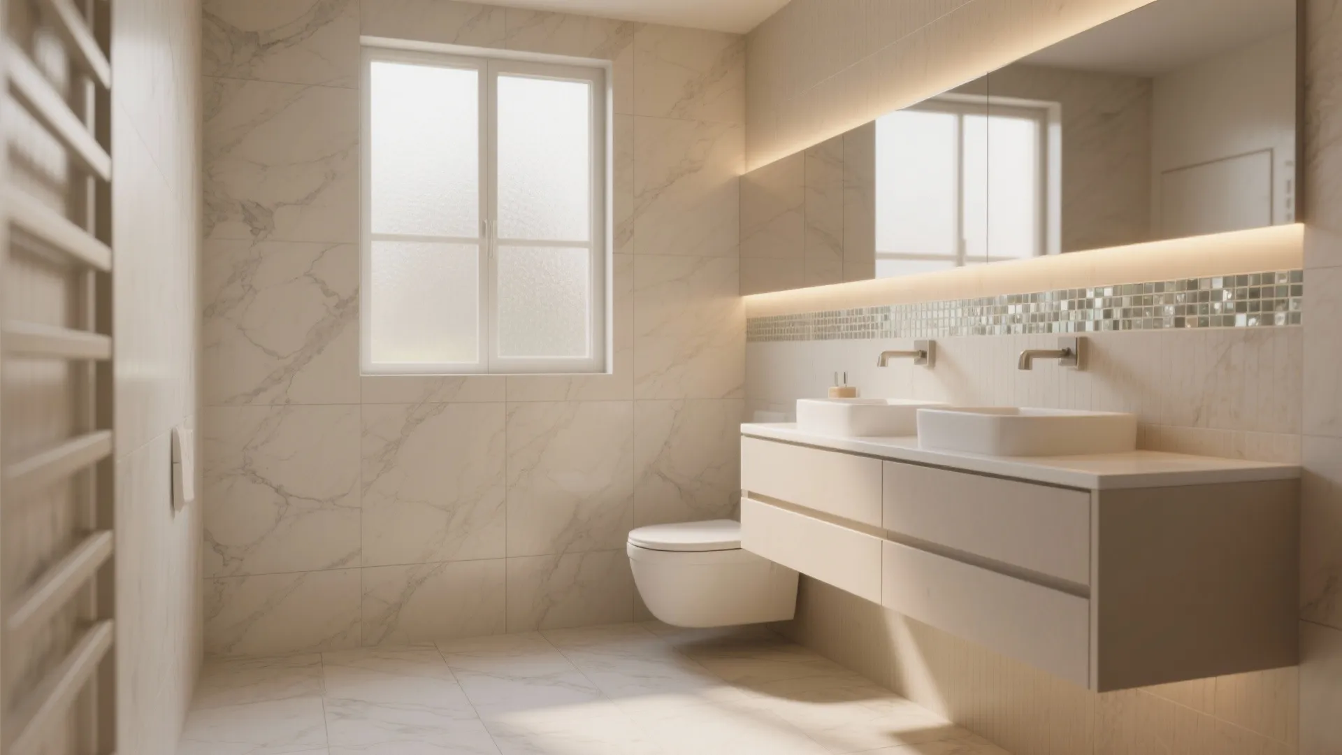 Modern bathroom with large marble tiles, white floating vanity, double sinks, wall-mounted toilet, and window