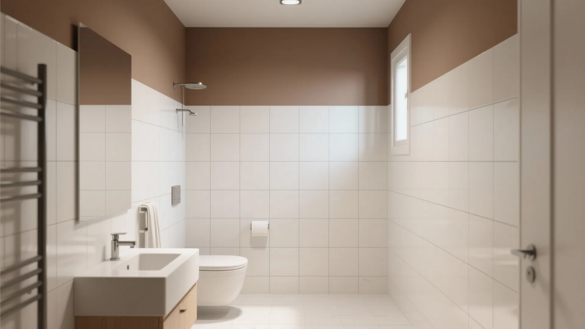 5. Soft brown paint and large-format white tiles