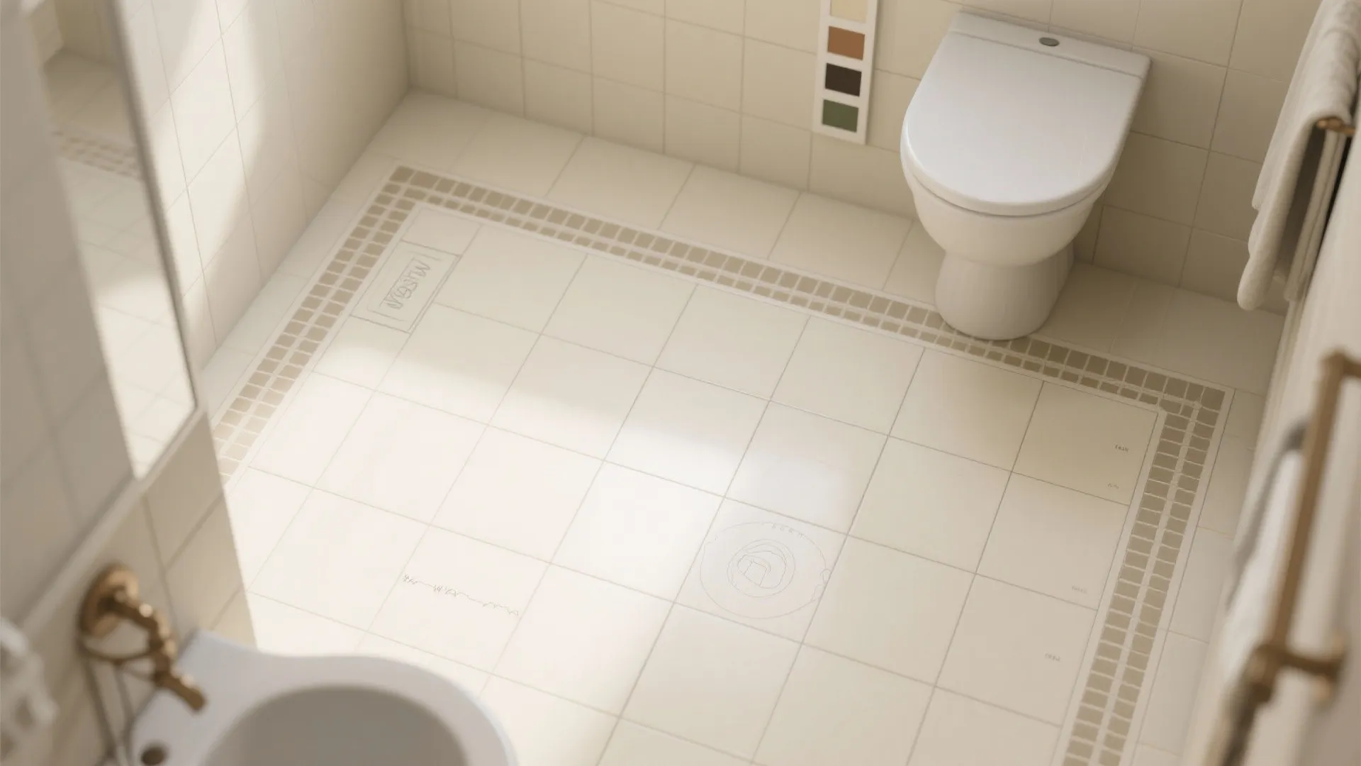 High angle view of bathroom floor with large white tiles and a decorative patterned border