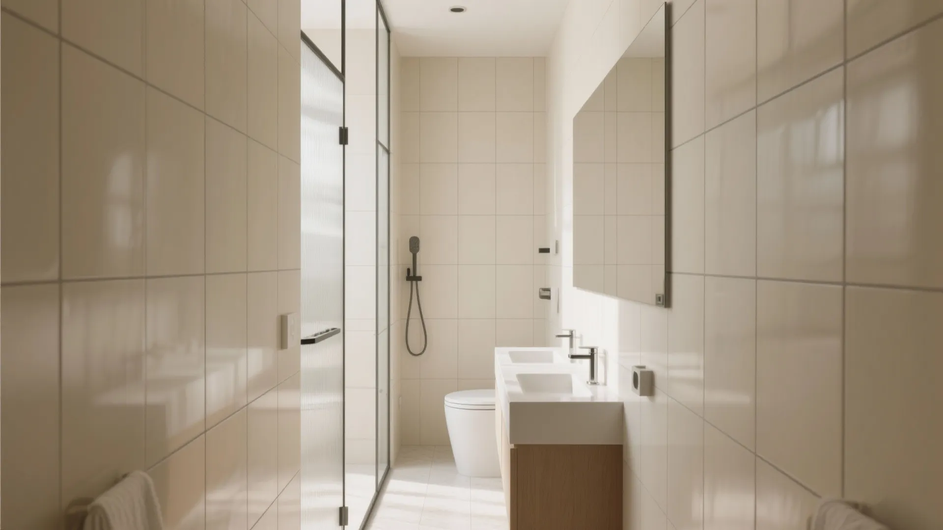 Modern bathroom with beige wall tiles double white sink mirror toilet and glass shower door