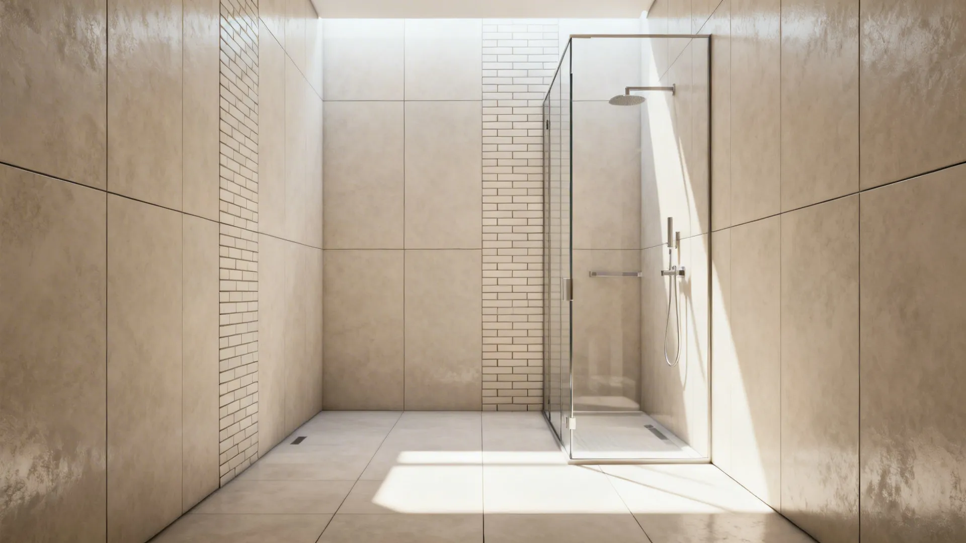 Shower with large-format tiles and vertical subway tiles to stretch the space.