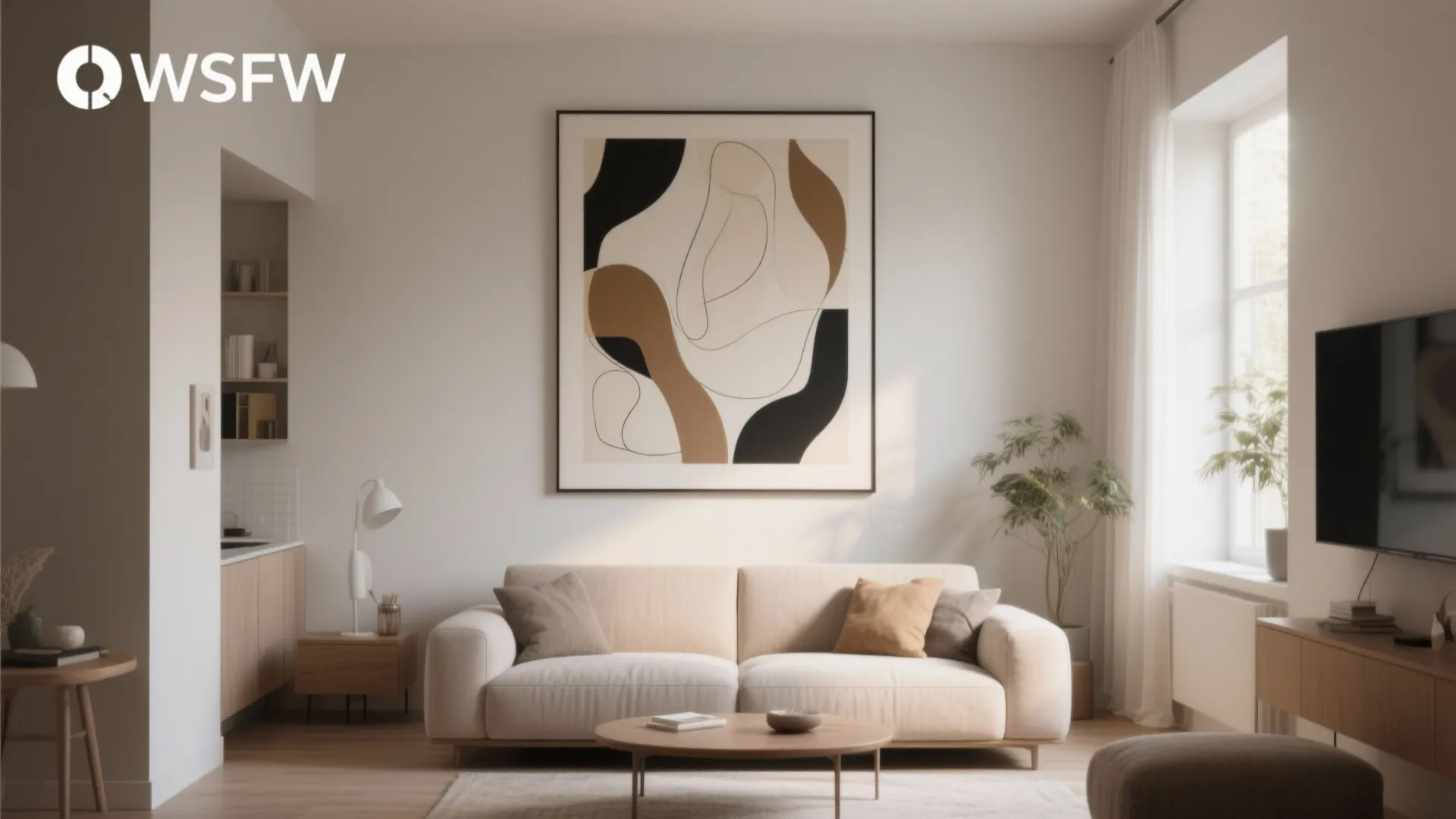 Minimalist living room featuring large abstract wall art above a beige sofa and round wooden table