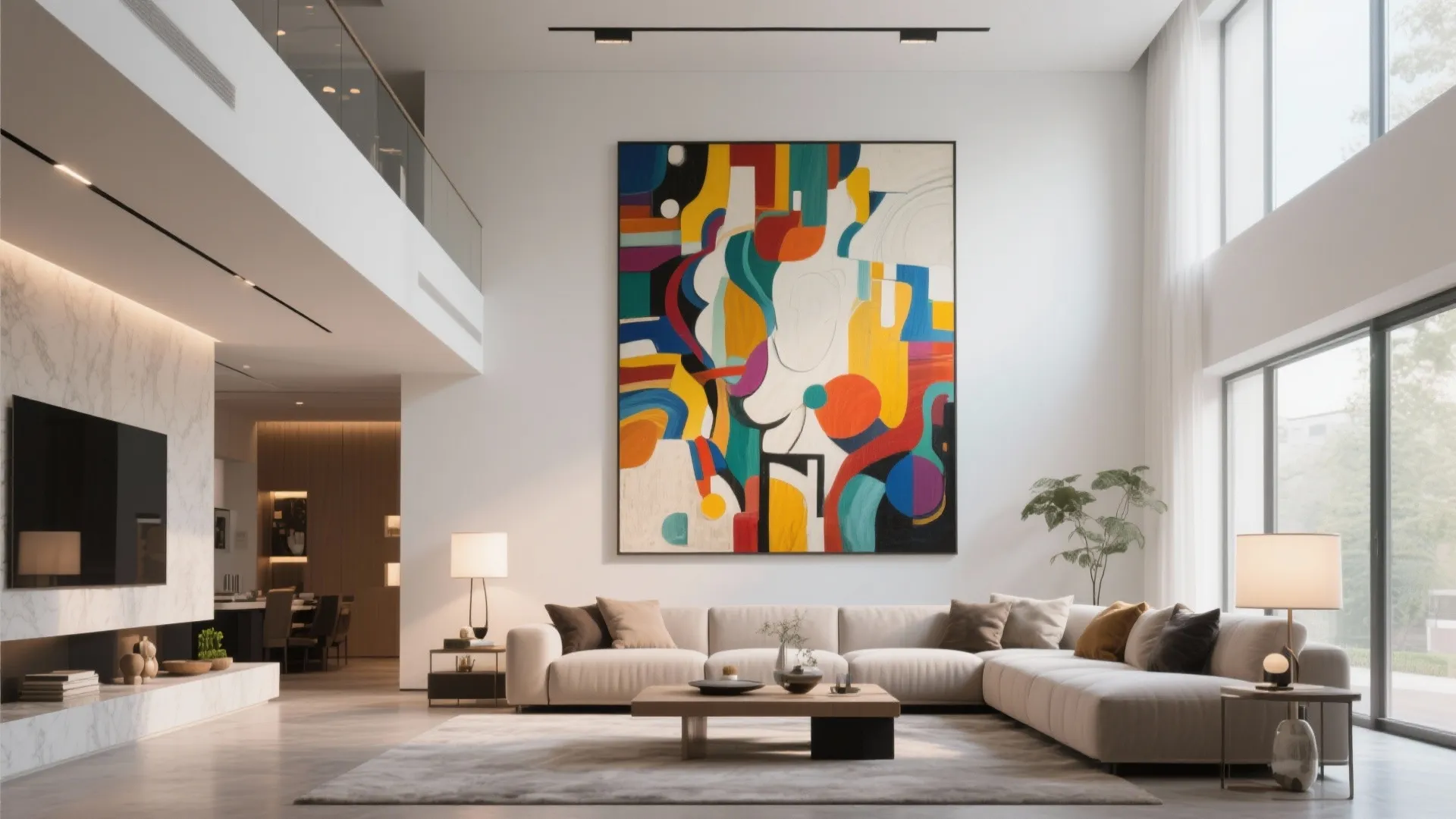 Modern high ceiling living room featuring colorful abstract wall art large white sofa and big windows