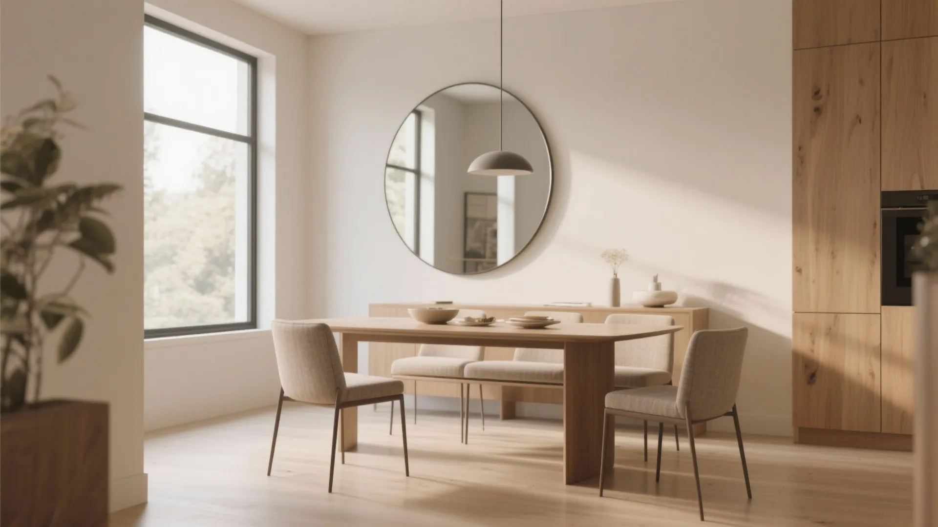 Minimalist dining room with wooden table four chairs and large round mirror on the wall