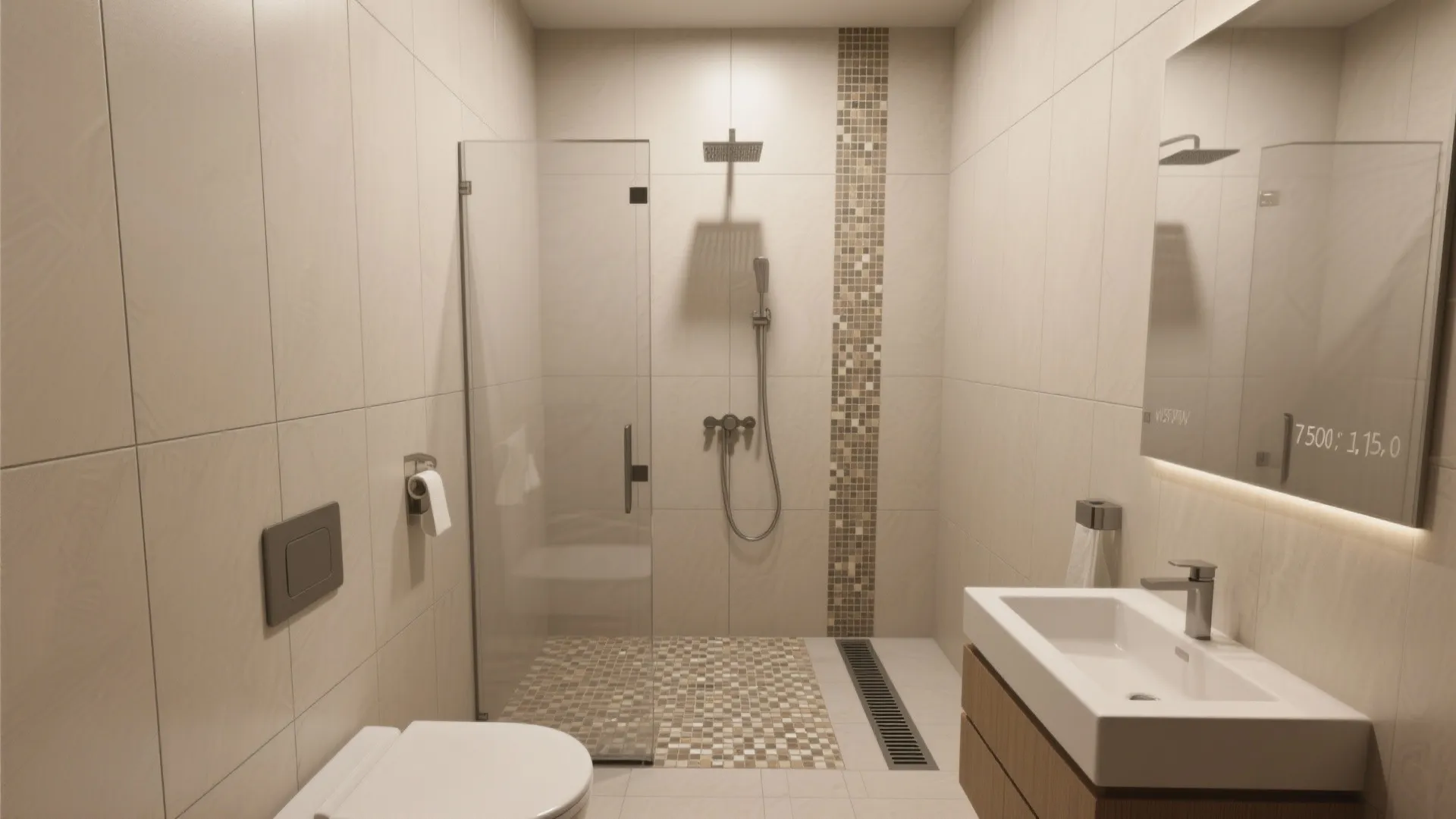 Small modern bathroom featuring mosaic floor tiles glass shower door white sink and large wall mirror