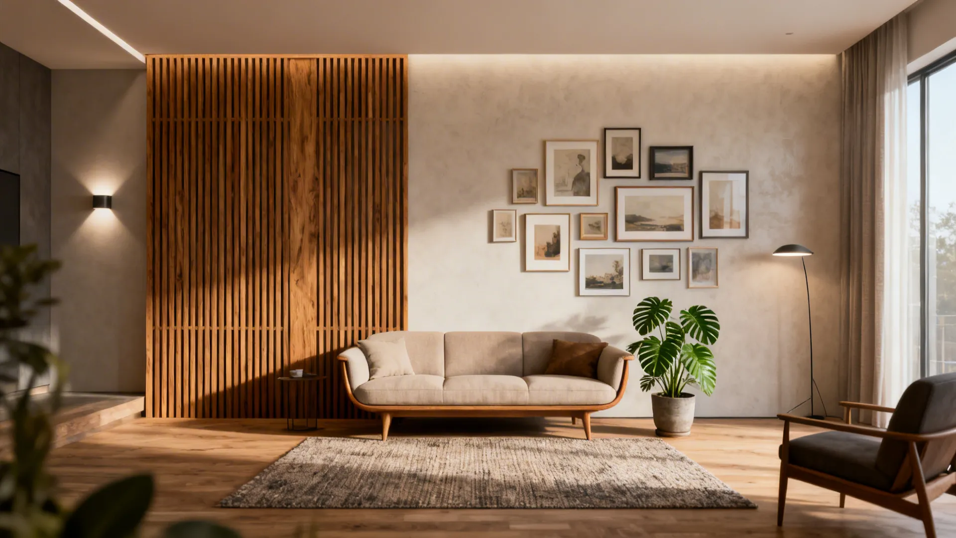 Living room featuring beige sofa wooden wall panel gallery wall pictures floor lamp and plant