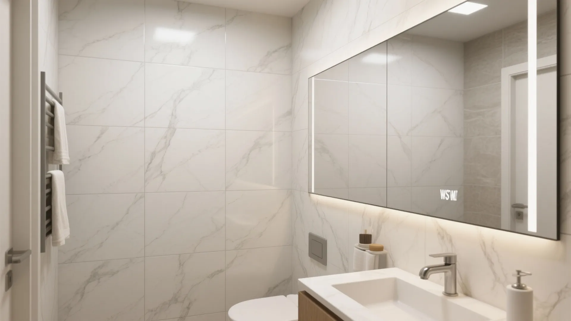 Compact bathroom with 24x48 rectified porcelain wall tiles and minimal grout for visual calm.