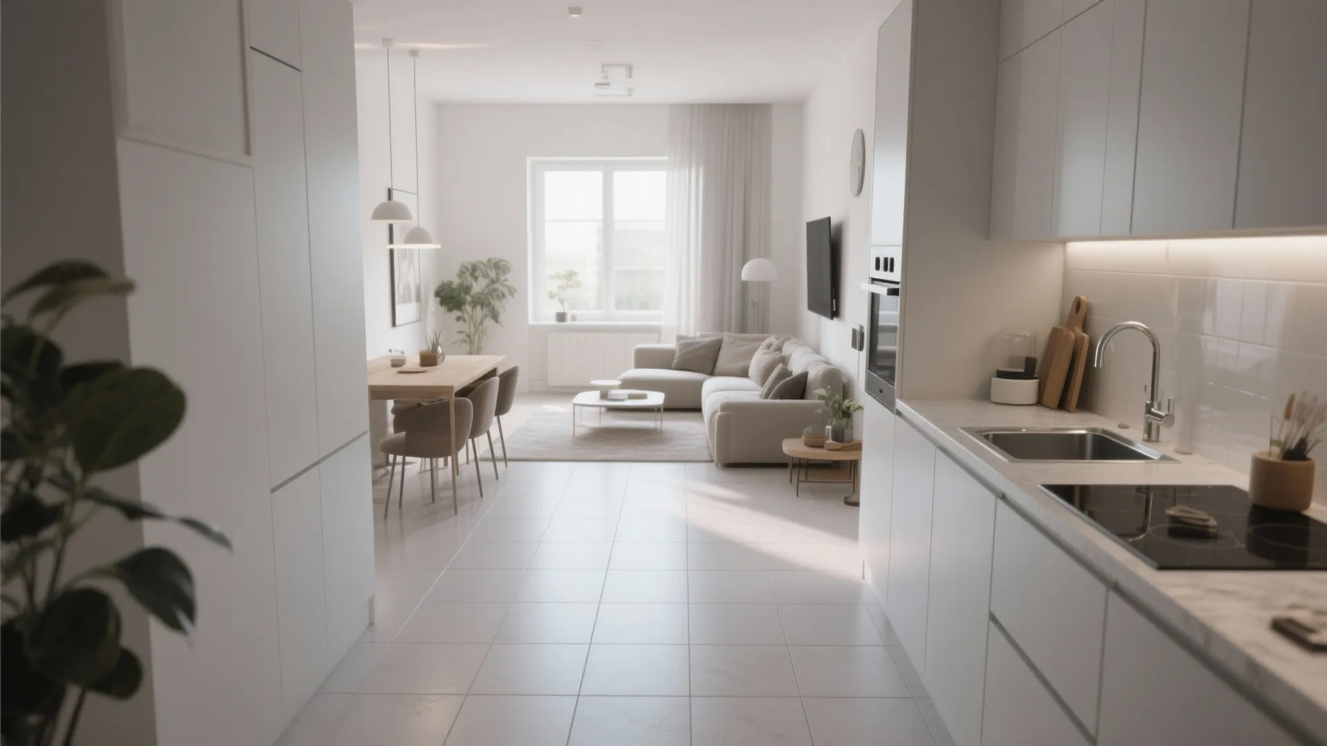 4. Tile the floor with larger white tiles for continuity