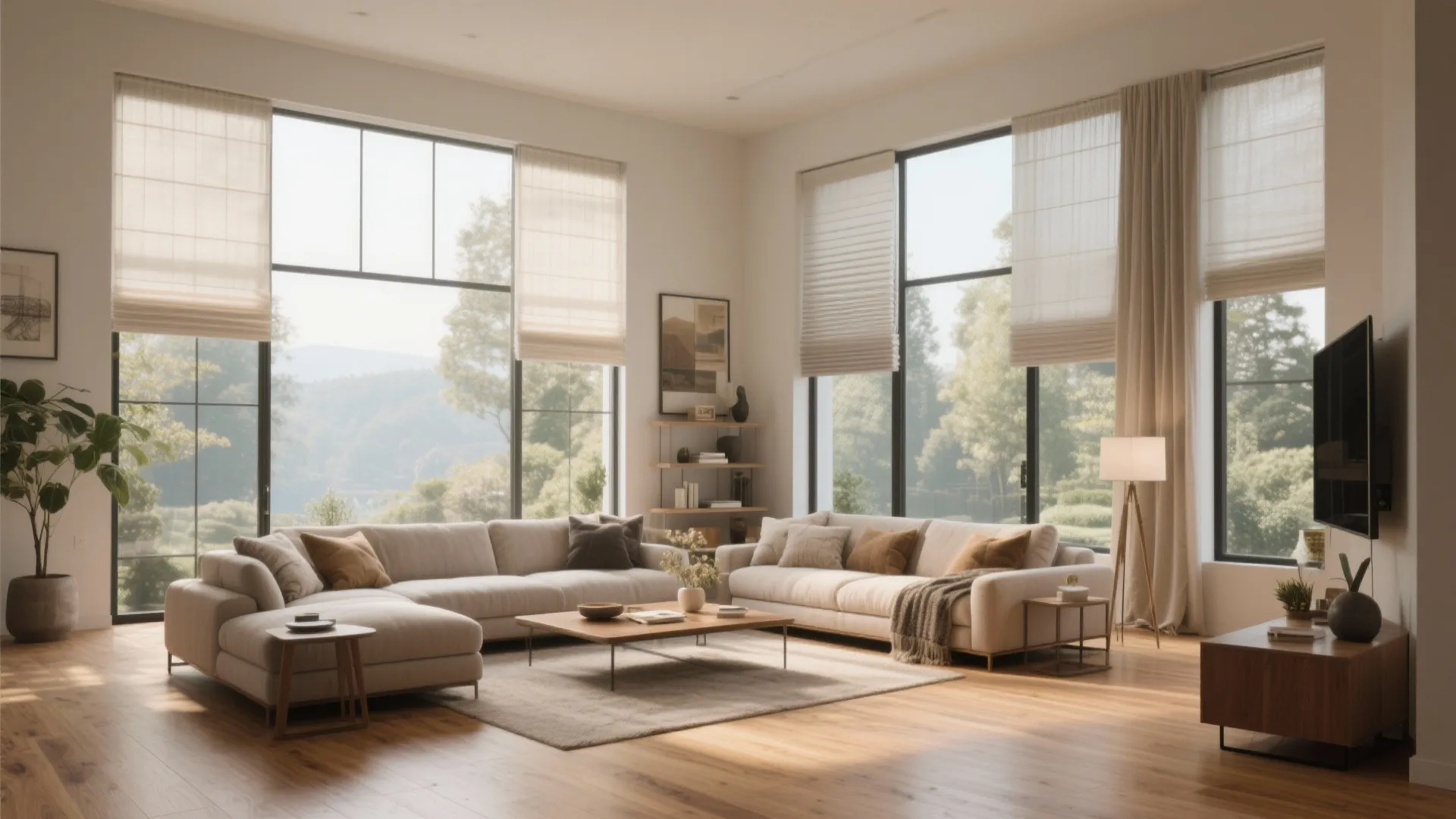 Modern living room with large windows showing green trees, l-shaped sofa, rug, and television set