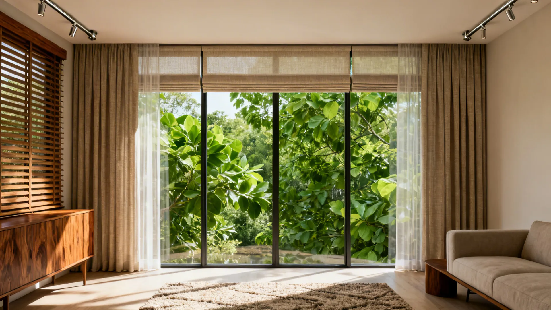 Bright room with large windows showing green trees featuring beige curtains and a wooden cabinet
