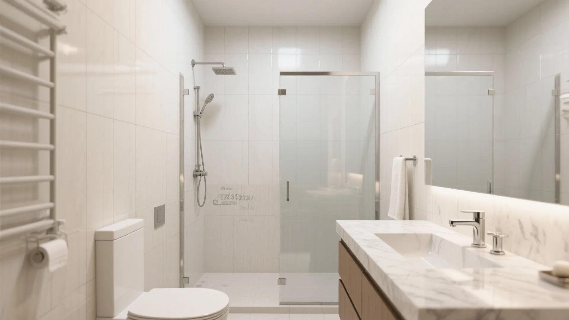 Large-format light tiles for an airy, easy-clean bath
