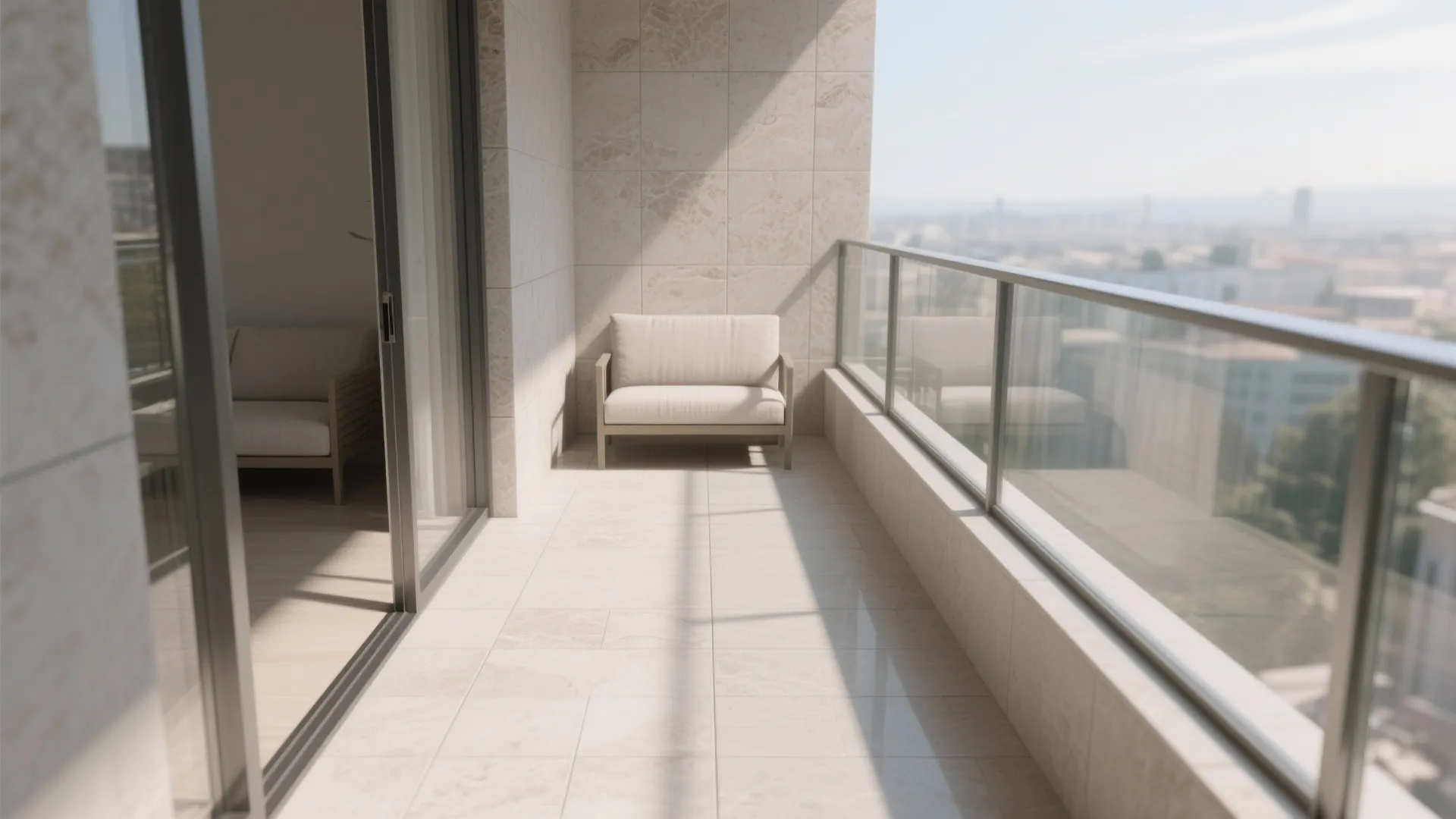 Modern sunny balcony featuring beige stone wall tiles glass railings a small sofa and city views